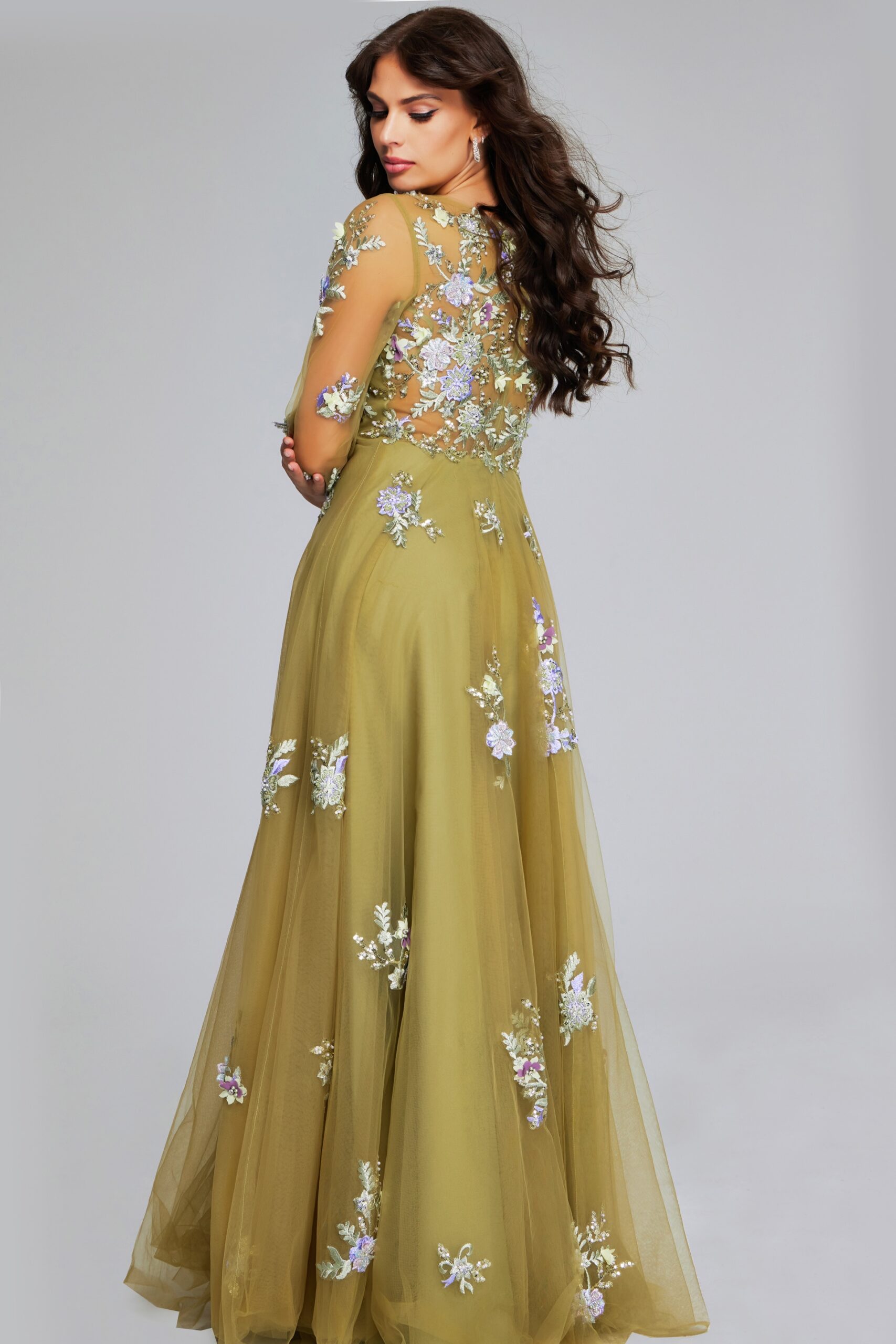 Formal Dresses Floral Long Sleeve A Line Formal Dress Green