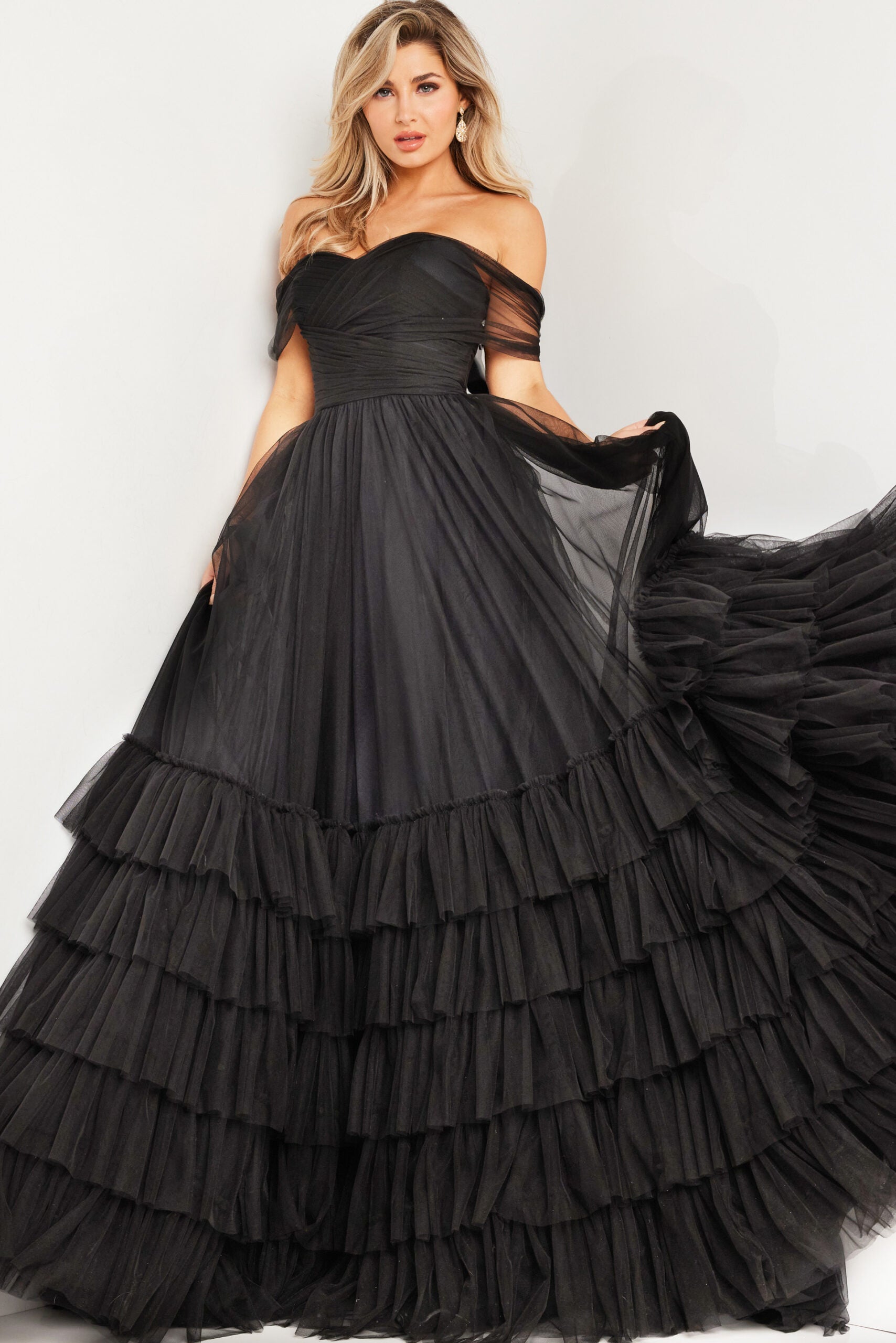 Tulle Pleats Black Off The Shoulder Long Prom Dress Tulle Pleats Black Off The Shoulder Long Prom Dress