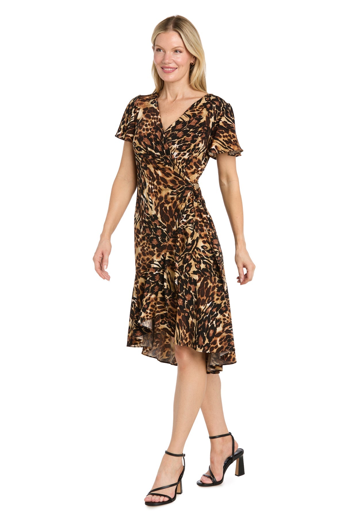 Black/Brown R&M Richards 3771 V-Neck High-Low Jersey Cocktail Dress Ruffle