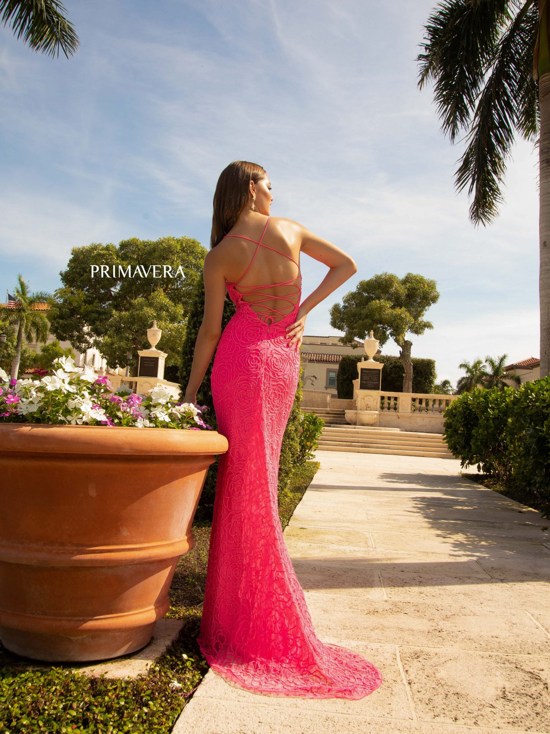 Prom Dresses Long Fitted Formal Sequin Prom Gown Neon Pink