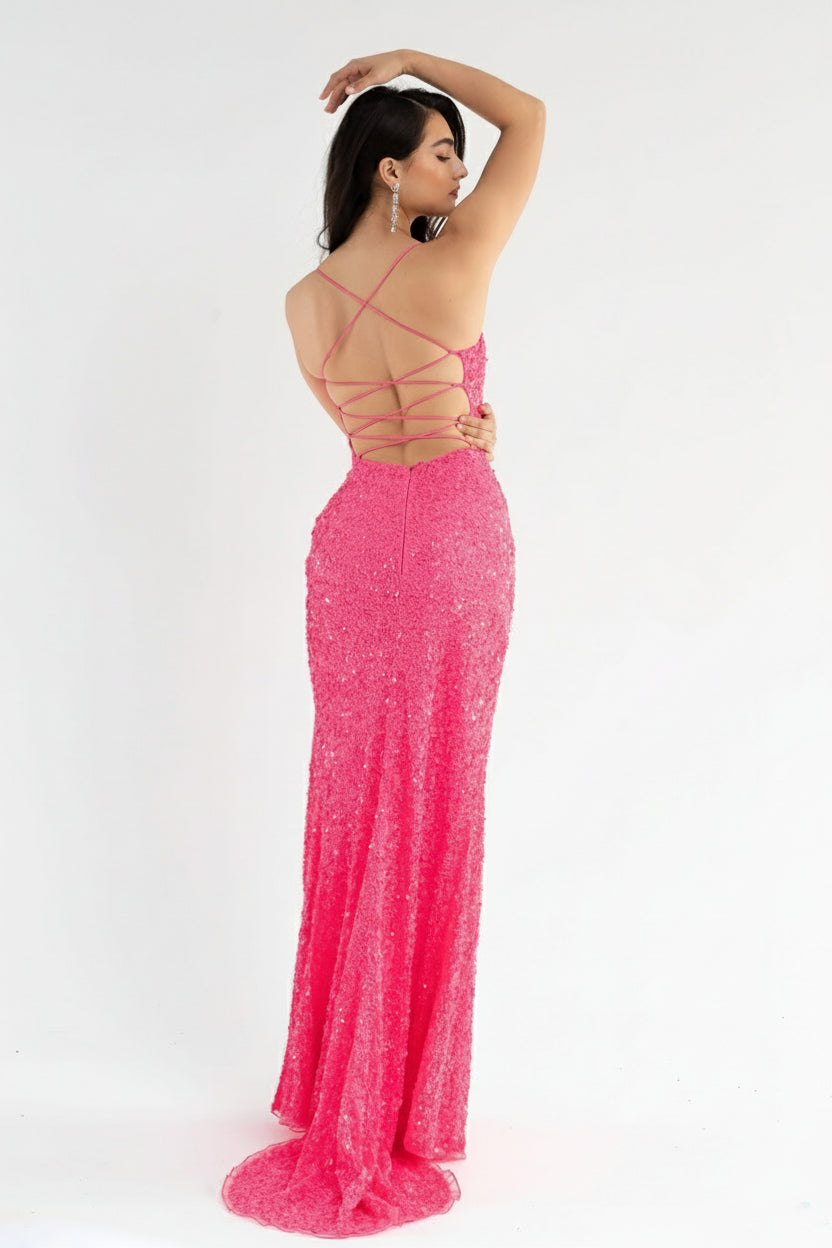 Prom Dresses Long Fitted Formal Sequin Prom Gown Neon Pink