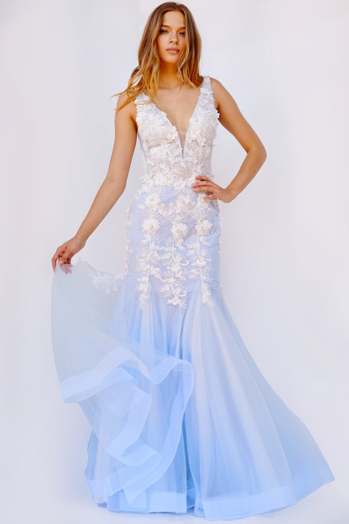 Prom Dresses Formal Long Prom Floral Mermaid Dress Light Blue