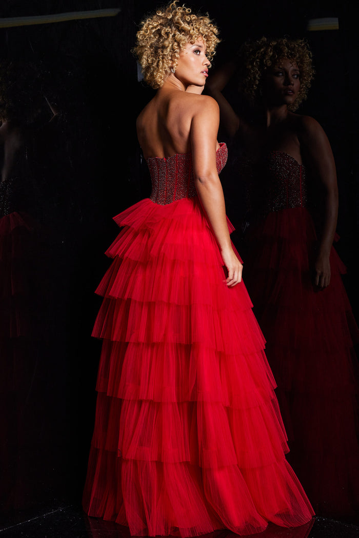 Prom Dresses Long Beaded Formal Layered Skirt Prom Dress Red