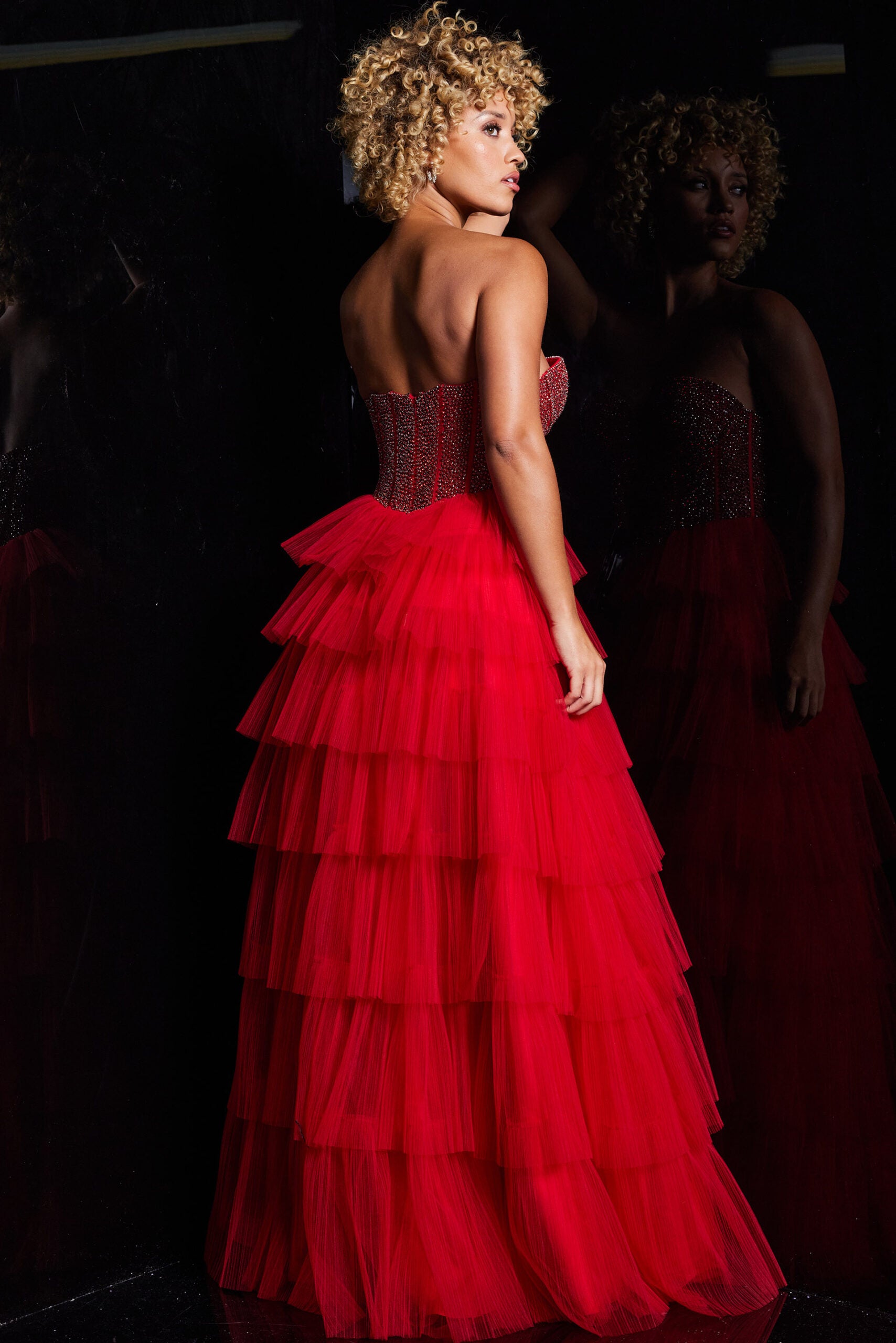 Prom Dresses Long Beaded Formal Layered Skirt Prom Dress Red