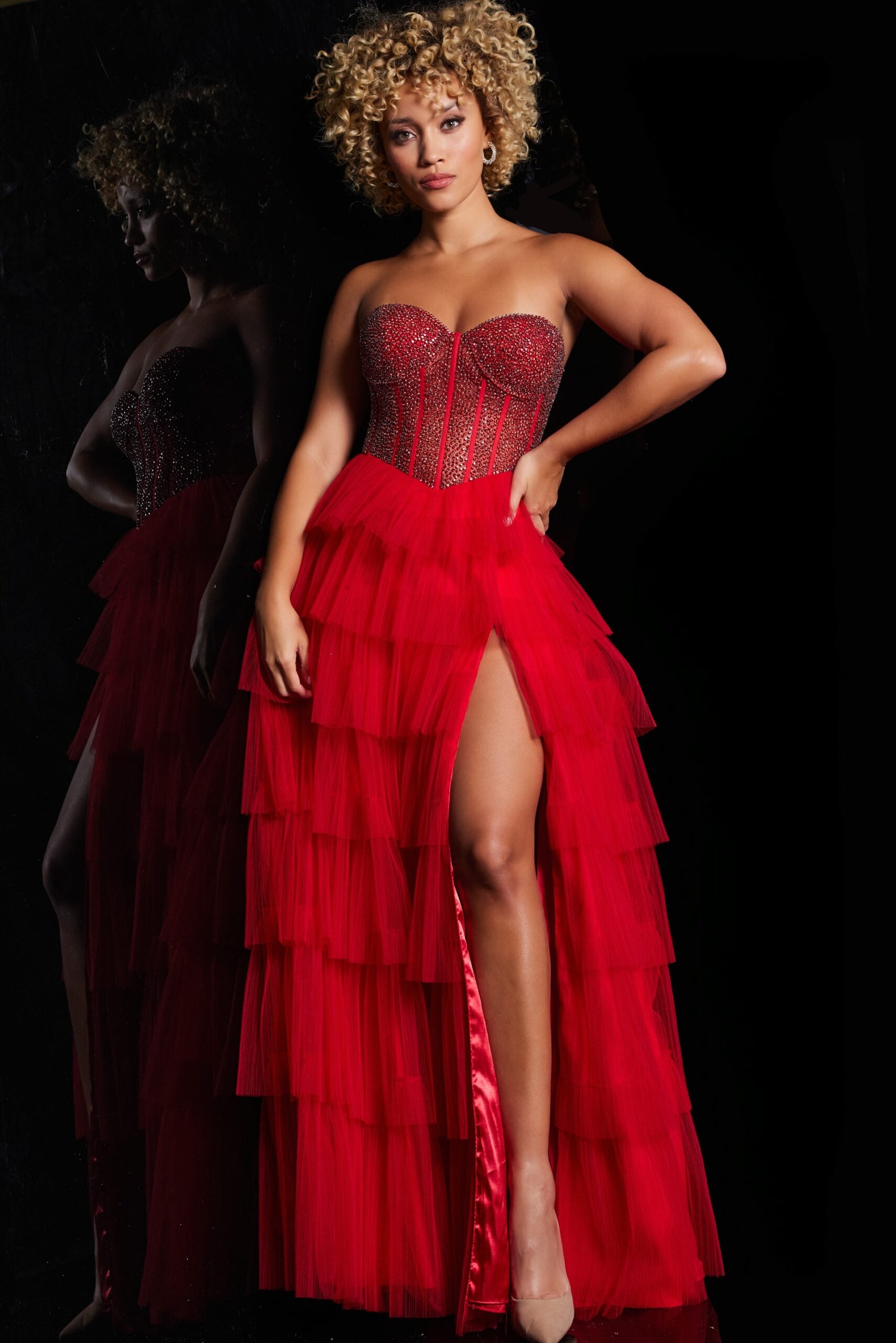 Prom Dresses Long Beaded Formal Layered Skirt Prom Dress Red