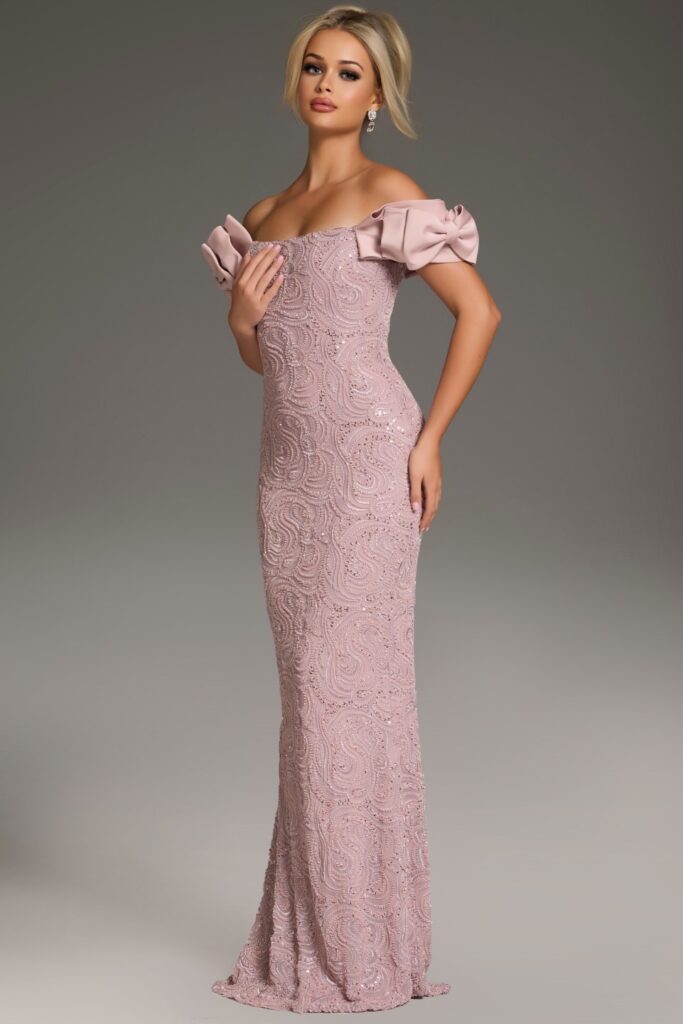 Formal Dresses Long Fitted Formal Ruffled Sleeve Evening Dress Mauve