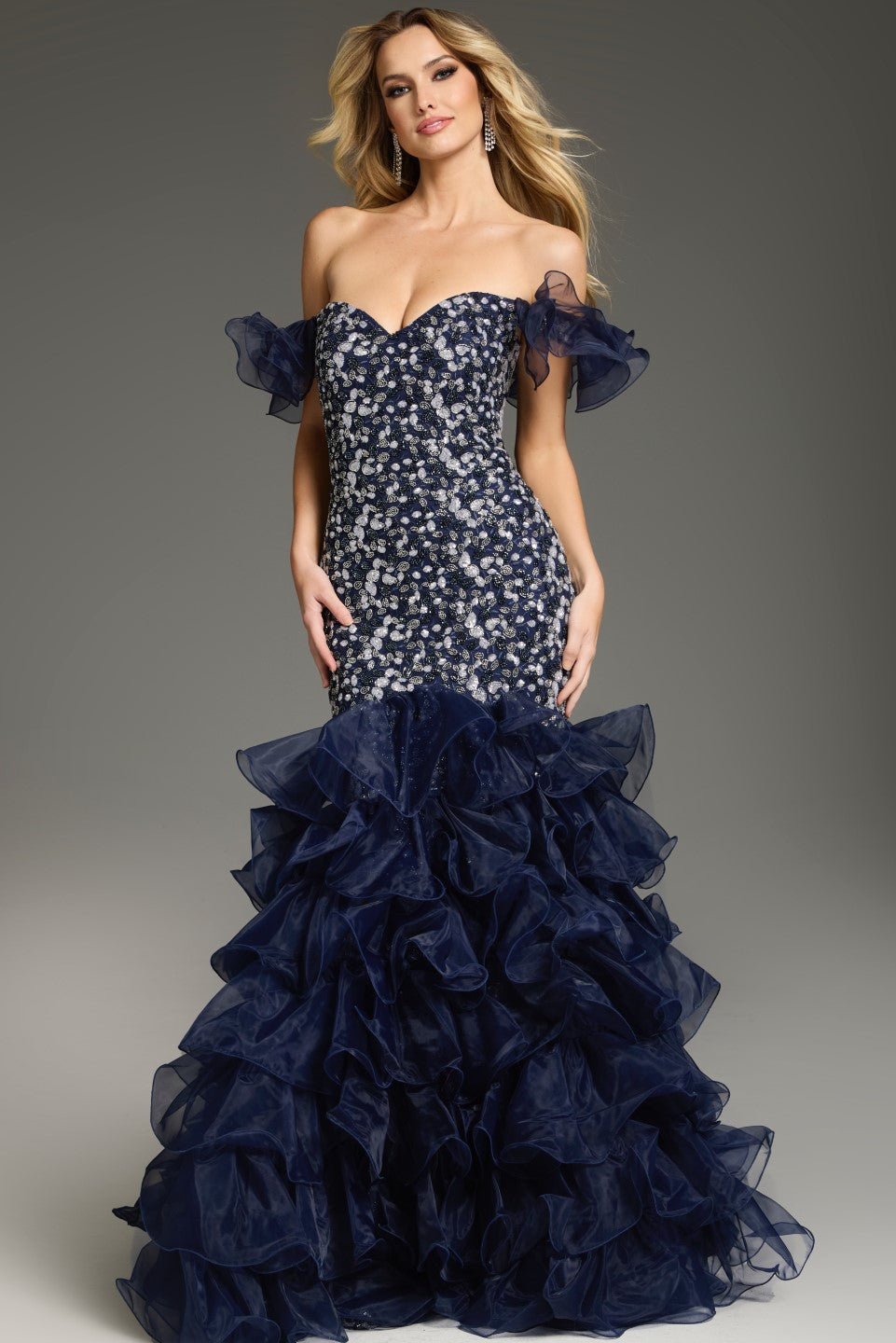 Formal Dresses Prom Long Mermaid Floral Applique Evening Formal Dress Navy