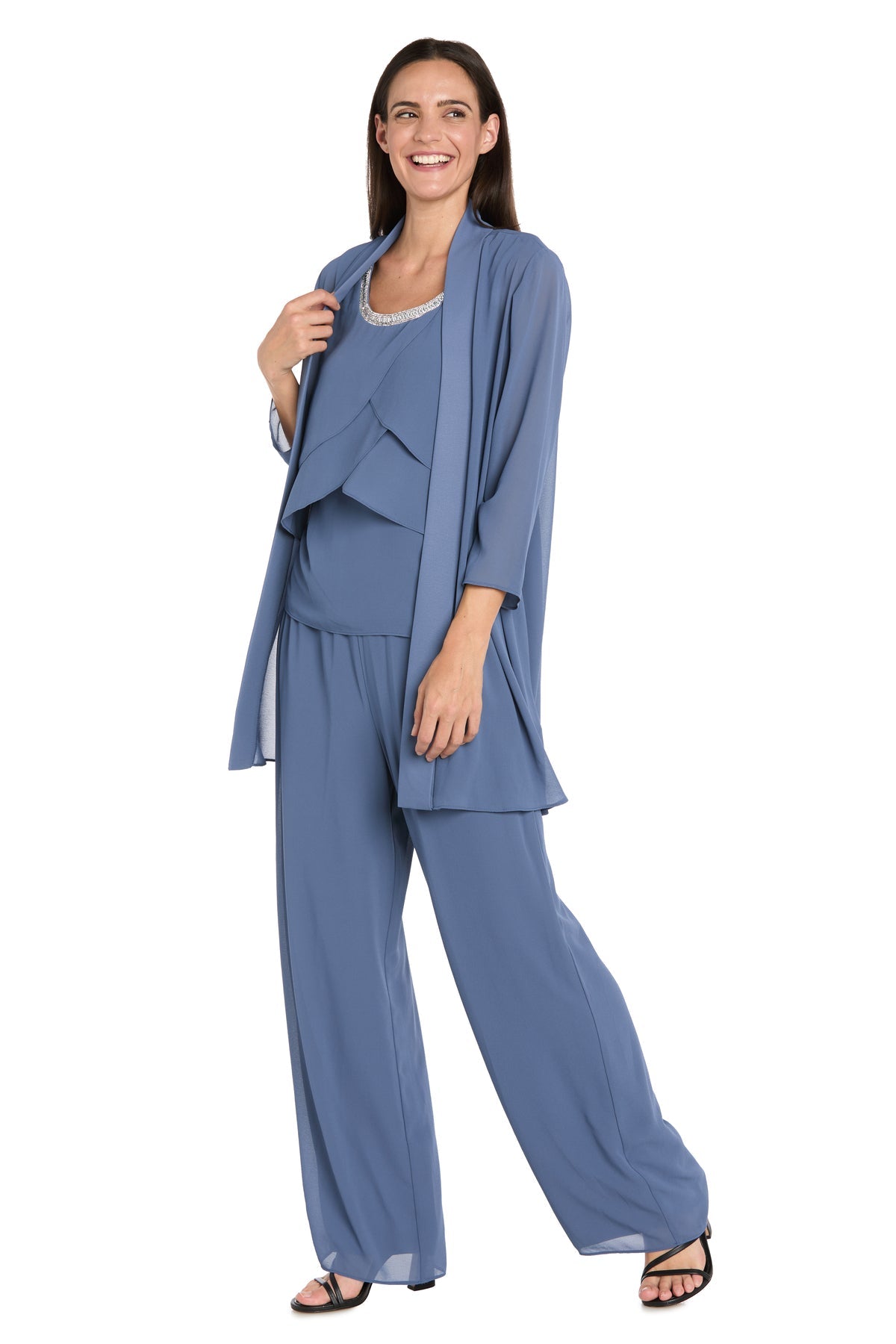 Scoop Neck Long Chiffon Pant Set by R&M Richards 3811P in Dark Slate