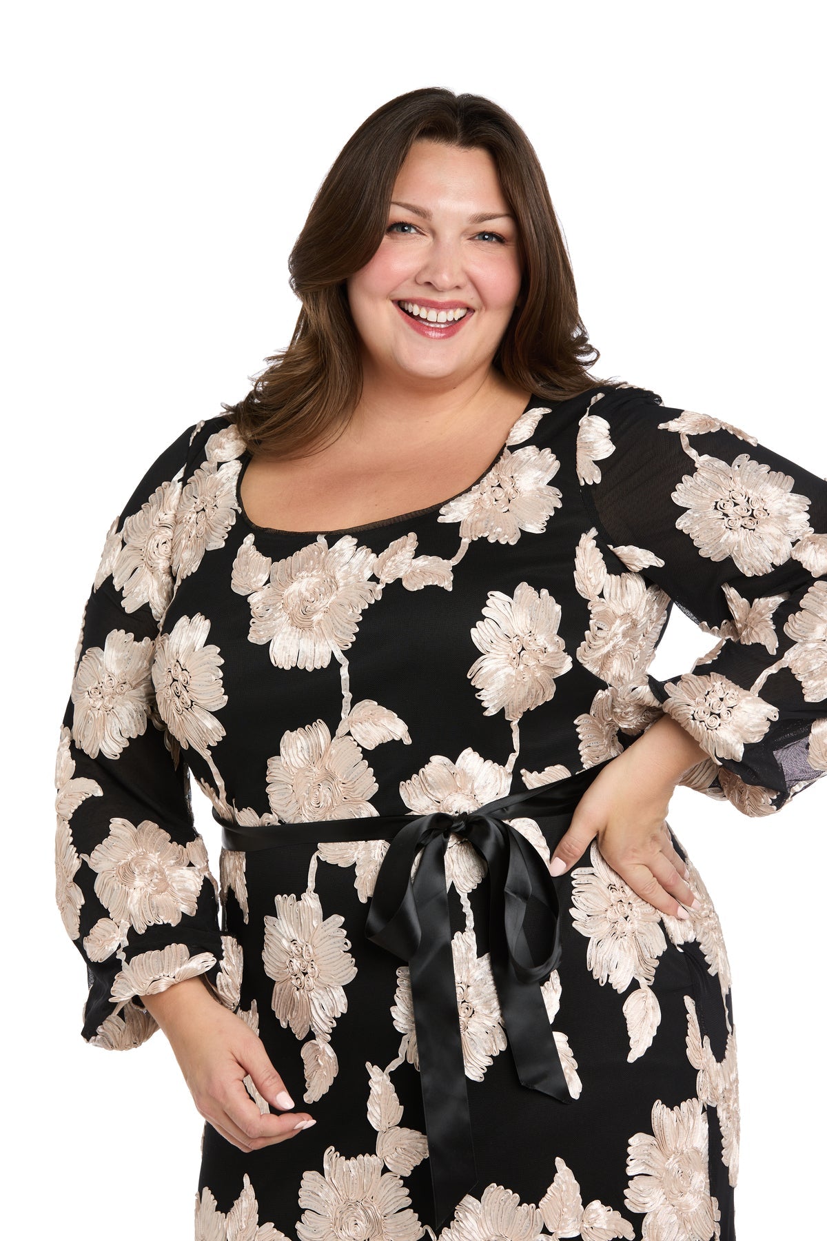 Plus Size Dresses Long Sleeve Floral Formal Mother of the Bride Dress R&M Richards 3815W Black/Champagne