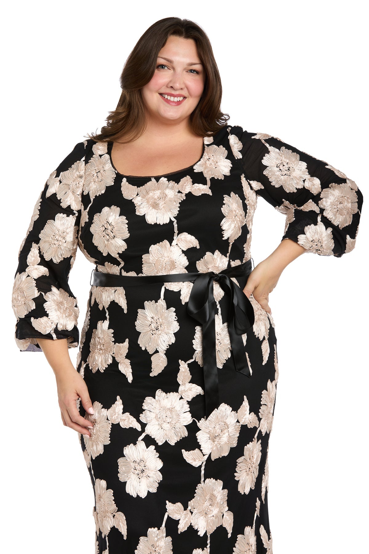 Plus Size Dresses Long Sleeve Floral Formal Mother of the Bride Dress R&M Richards 3815W Black/Champagne