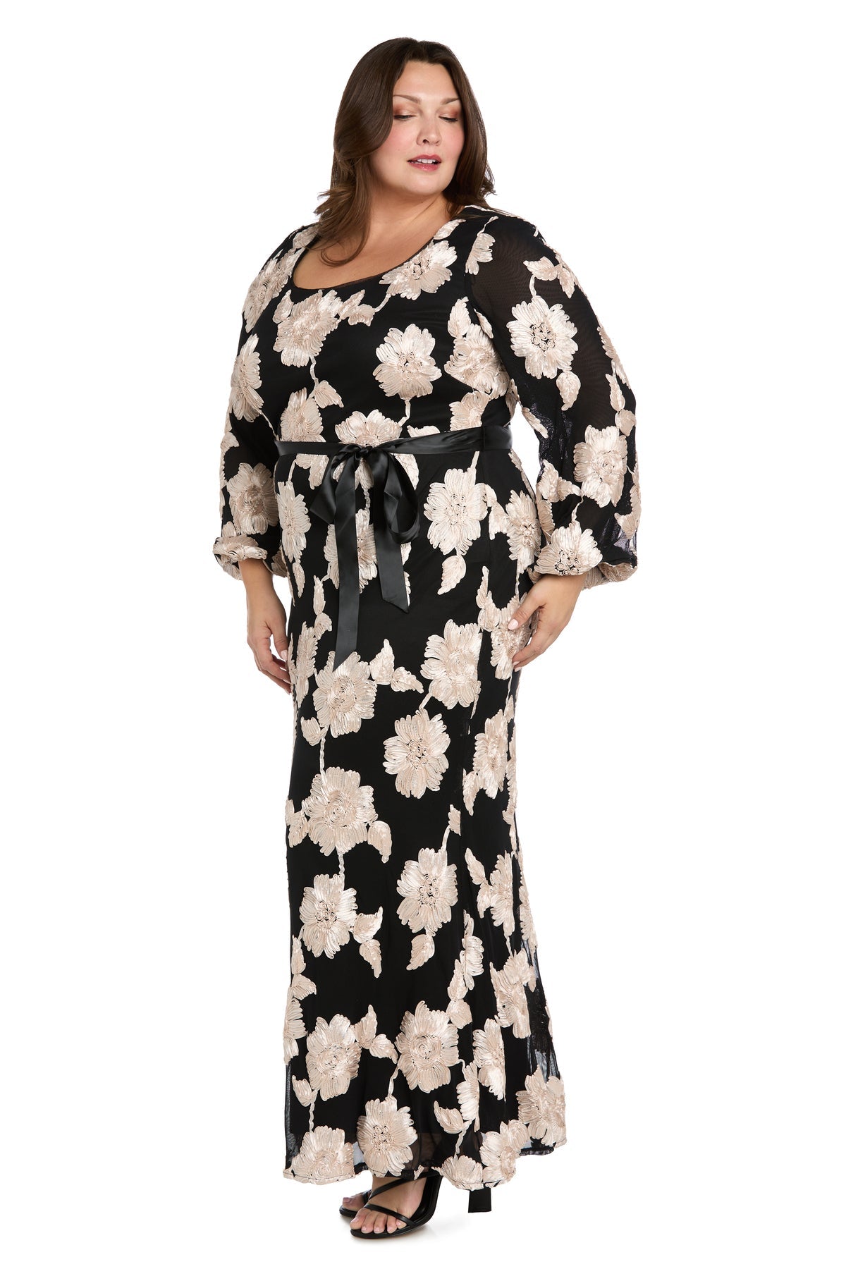 Plus Size Dresses Long Sleeve Floral Formal Mother of the Bride Dress R&M Richards 3815W Black/Champagne