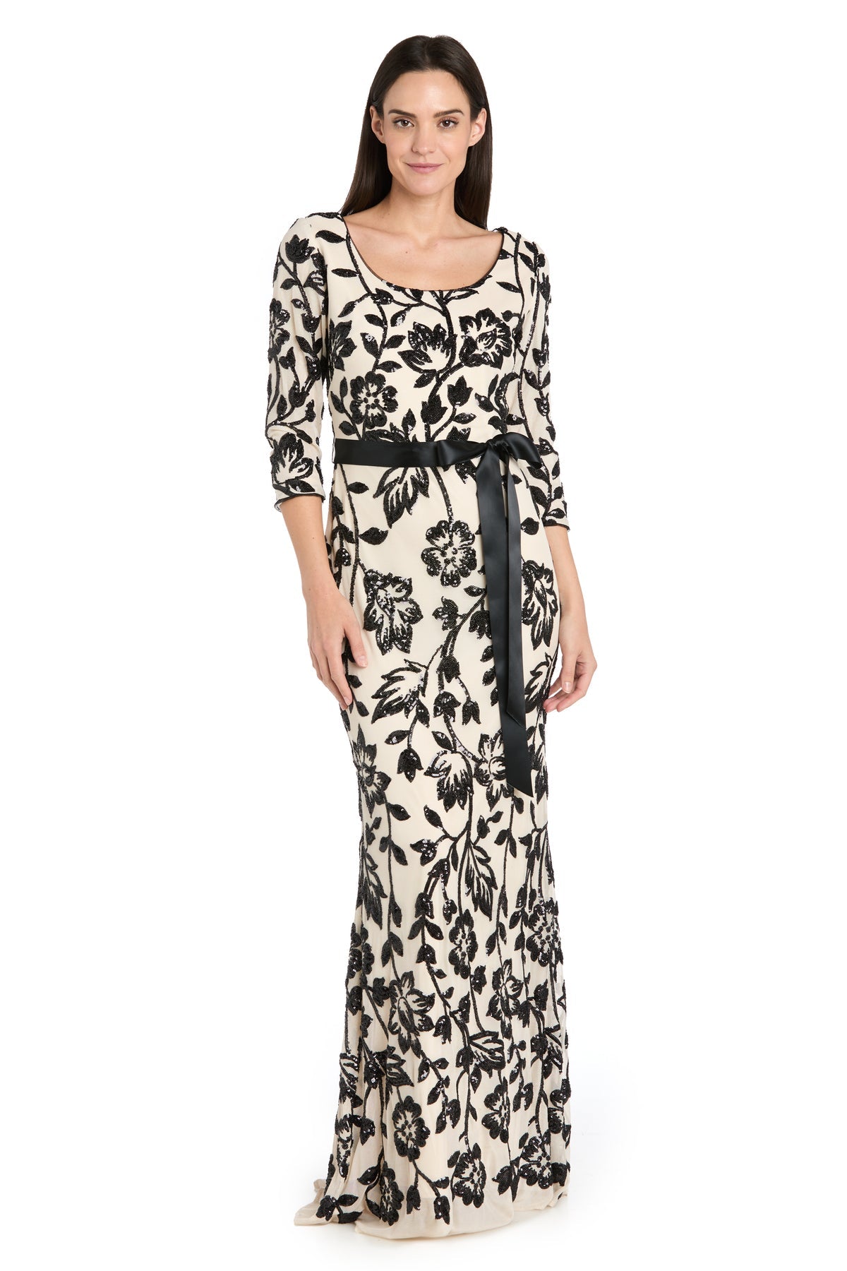 Mother of the Bride Dresses Beaded Long Formal Floral Mother of the Bride Dress R&M Richards 3825P Champagne/Black