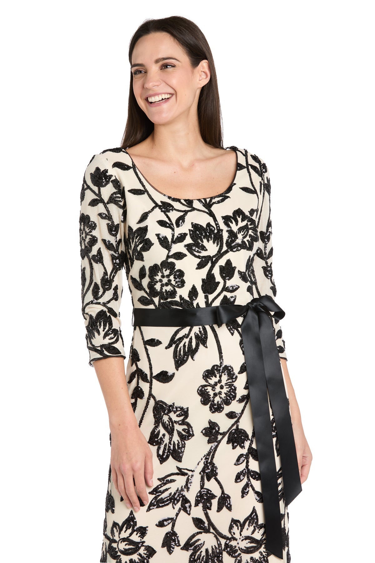 Mother of the Bride Dresses Beaded Long Formal Floral Mother of the Bride Dress R&M Richards 3825P Champagne/Black