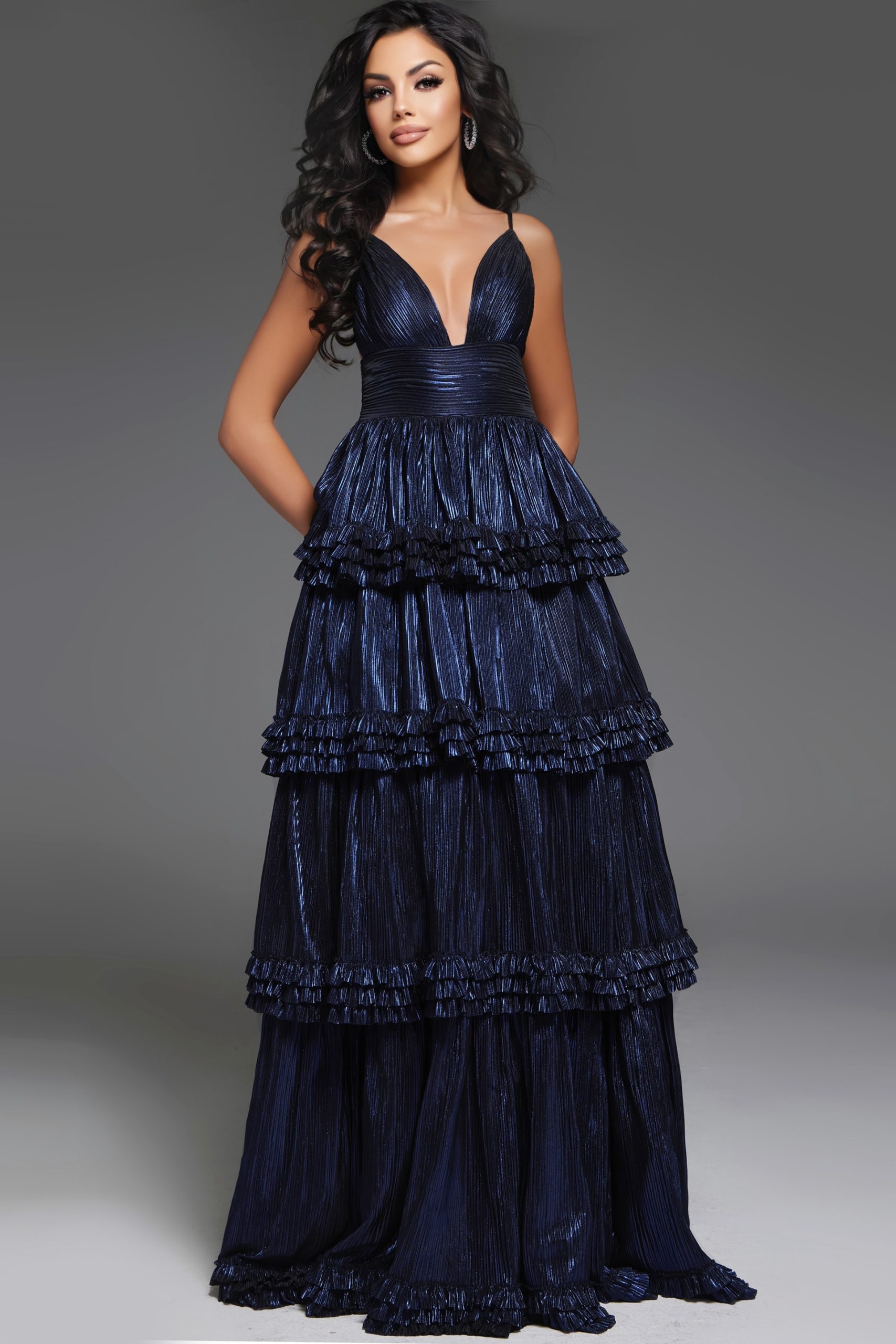 Prom Dresses Formal Tiered Metallic Long Ball Gown Prom Dress Navy