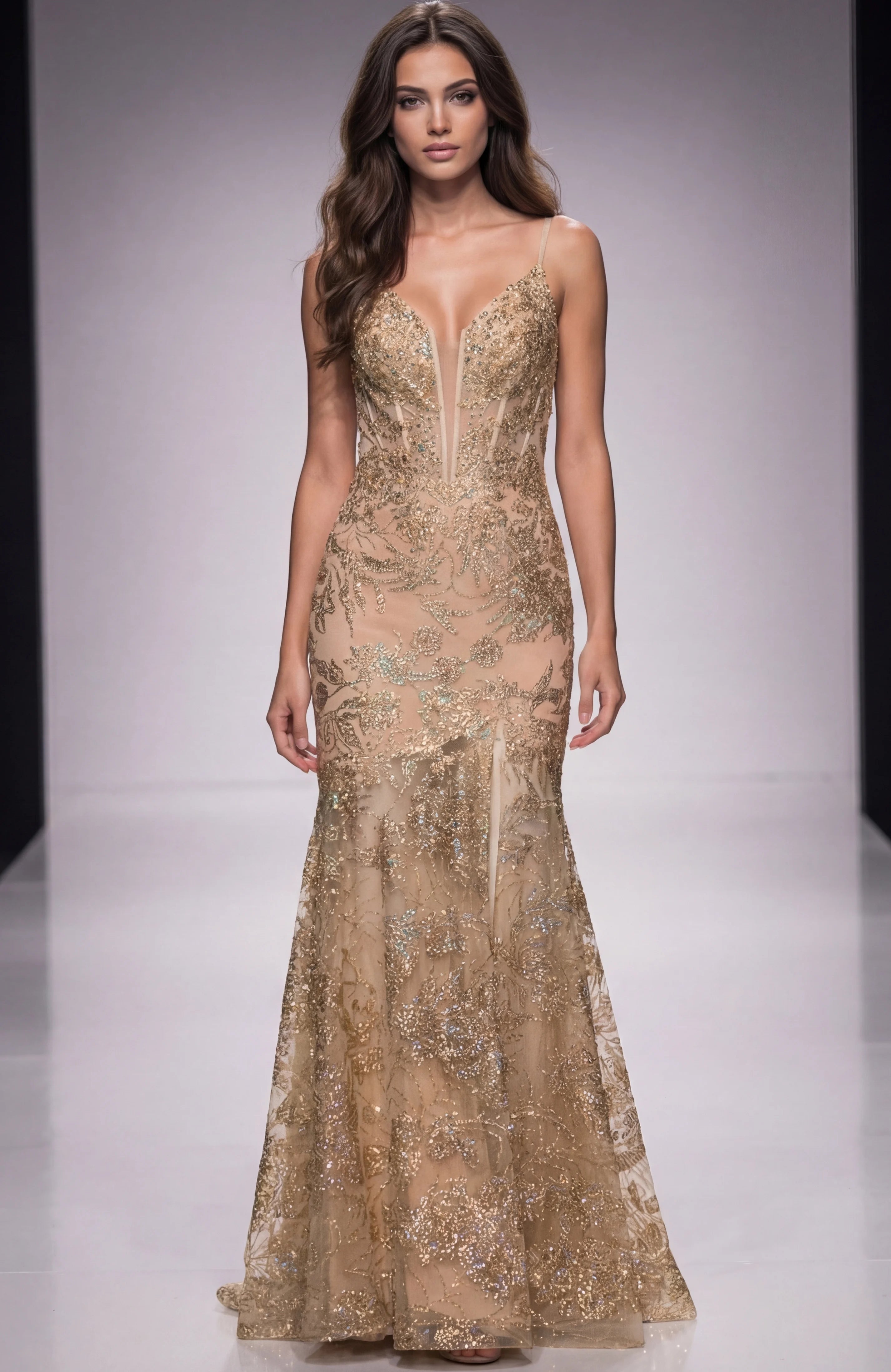Prom Dresses Sleeveless Sequin Floral Corset Bodice Prom Dress Champagne