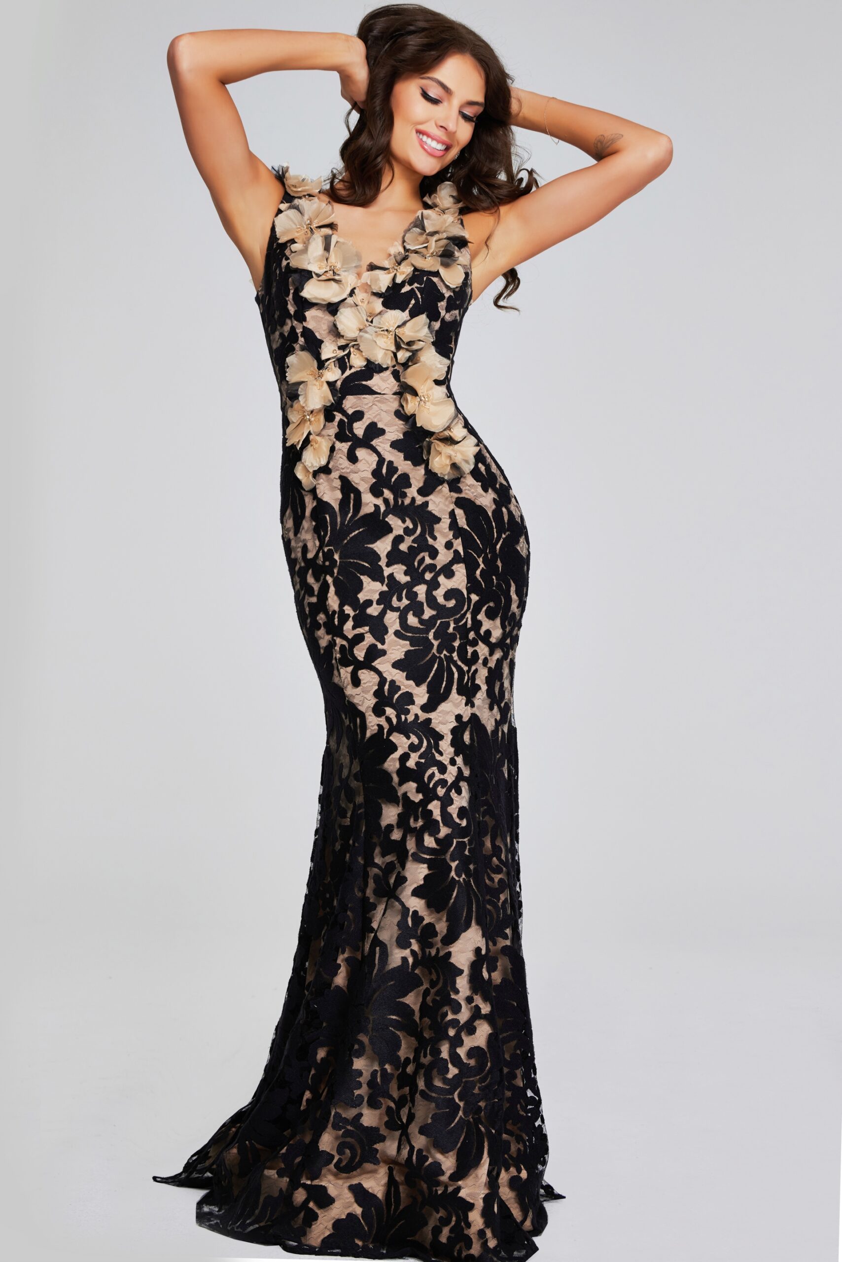 Formal Dresses Lace Fitted Formal Long Mermaid Evening Dress Black/Nude