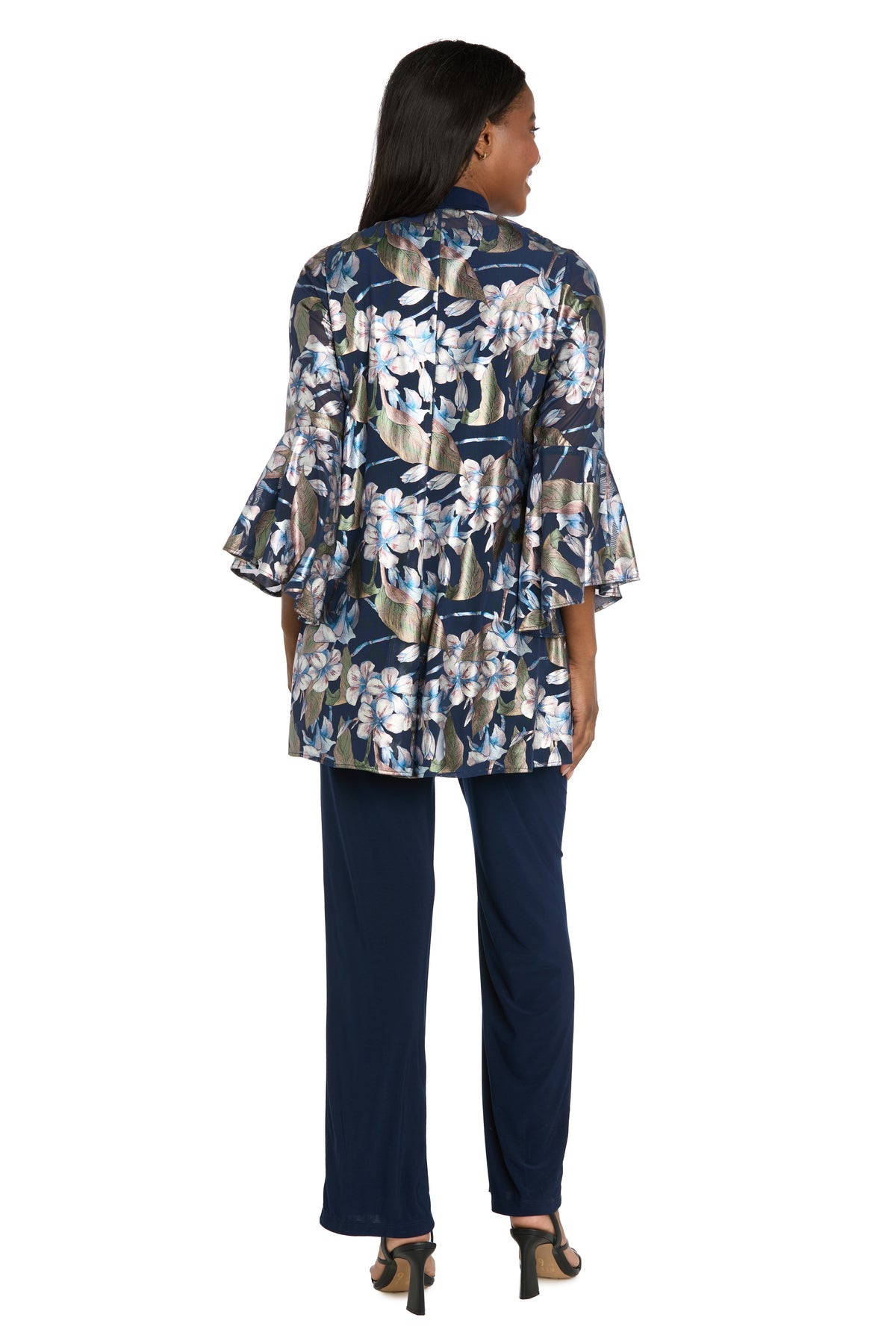 Shawl Collar Long Floral Pantsuit by R&M Richards 3850 in Navy/Rose