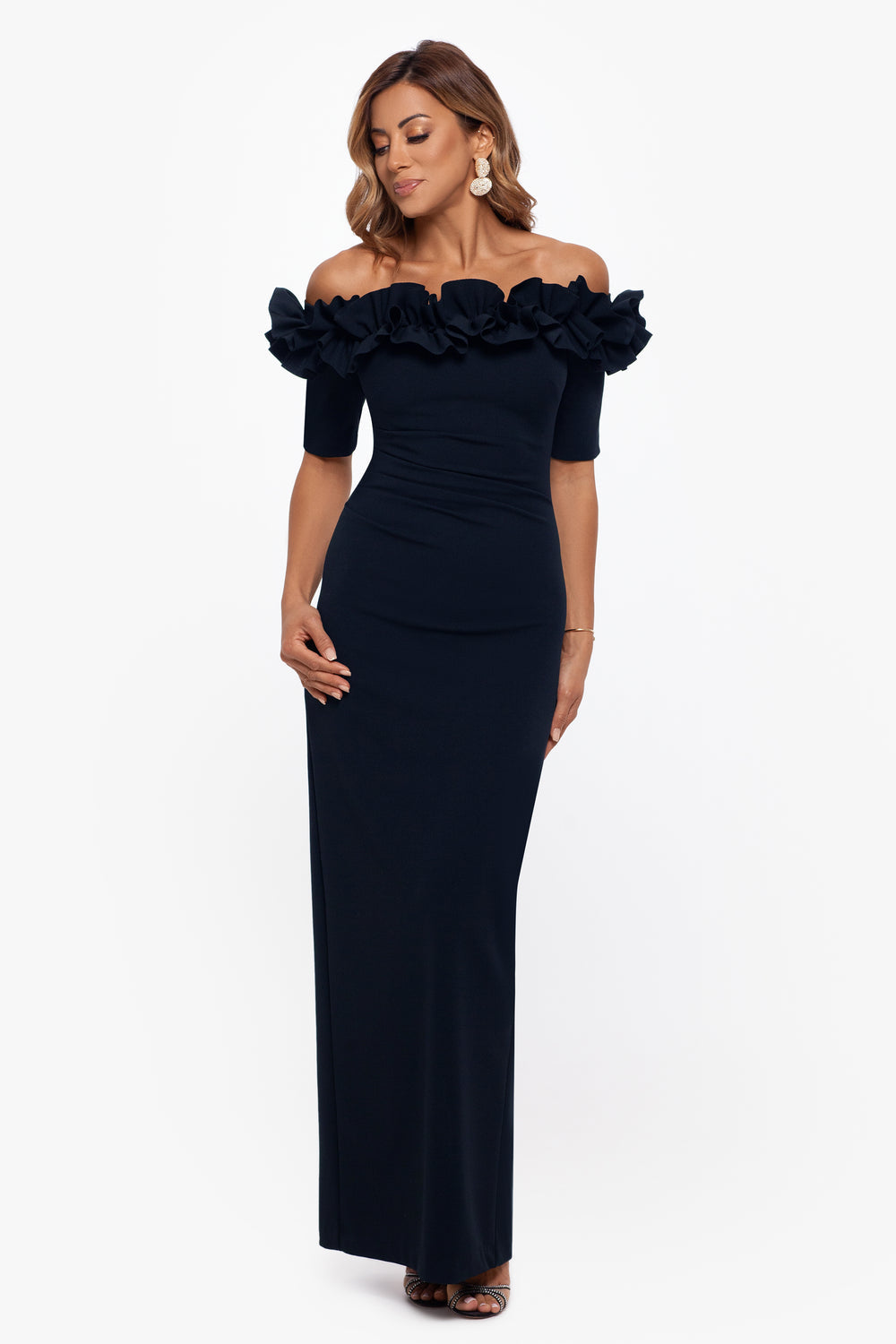 Navy Xscape 3856XP Off-the-Shoulder Floor-Length Crepe Formal Ruffle Gown