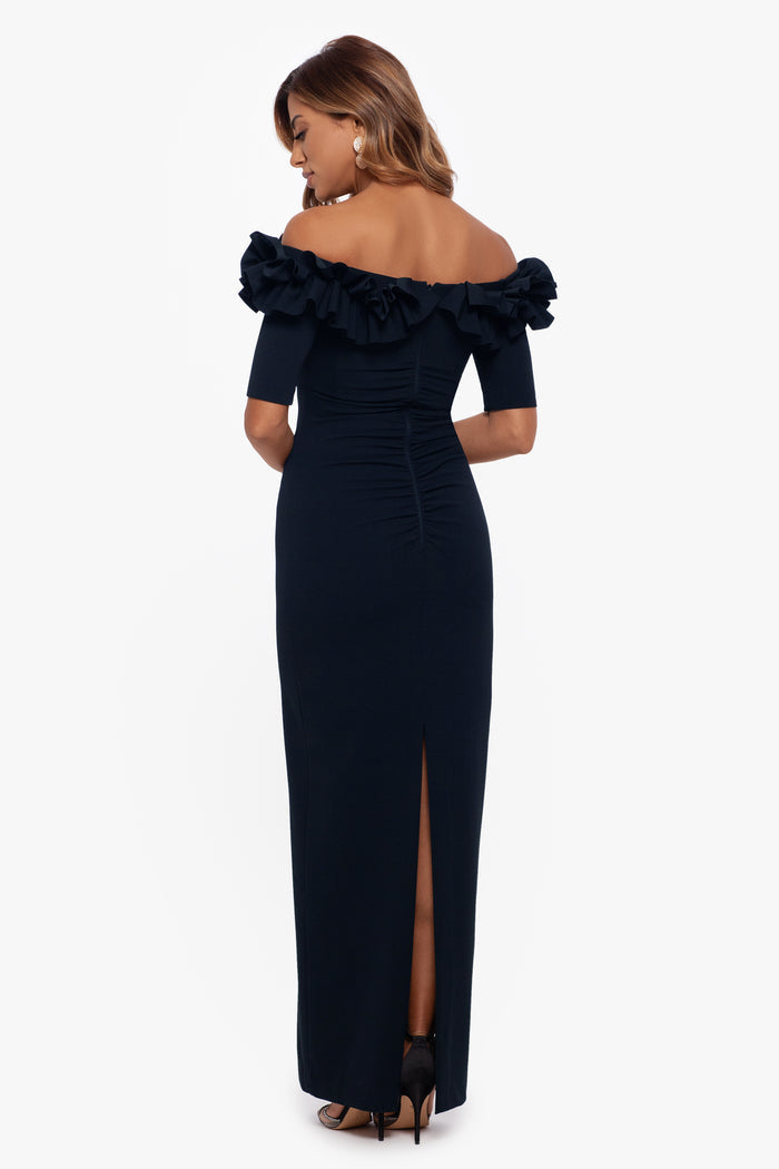 Navy Xscape 3856XP Off-the-Shoulder Floor-Length Crepe Formal Ruffle Gown
