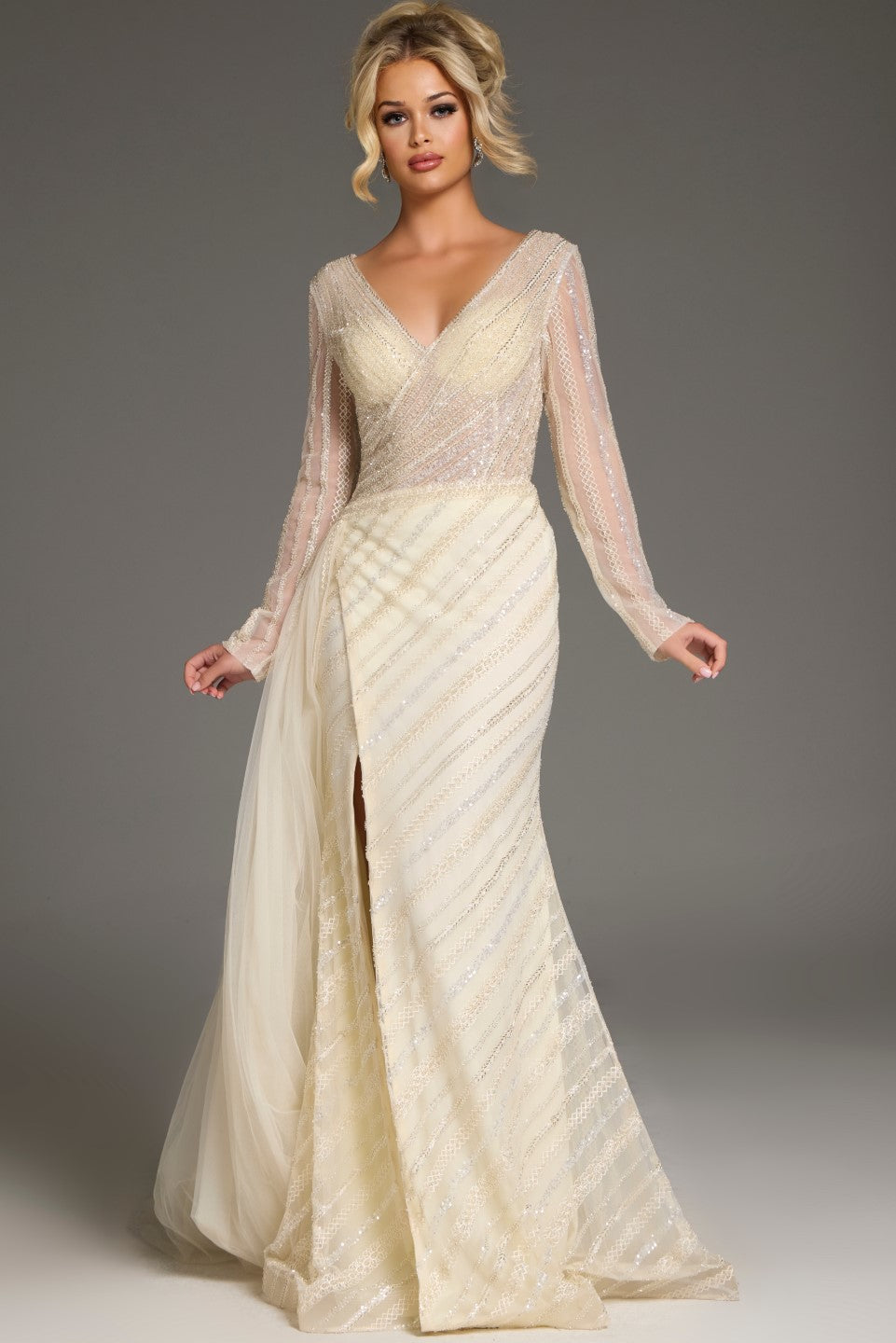 Formal Dresses Long Sleeve Beaded Formal Evening Dress Gold