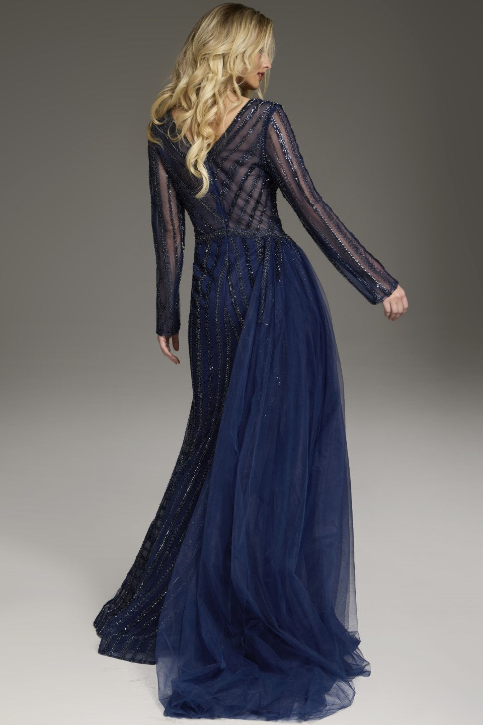 Formal Dresses Long Sleeve Beaded Formal Evening Dress Navy