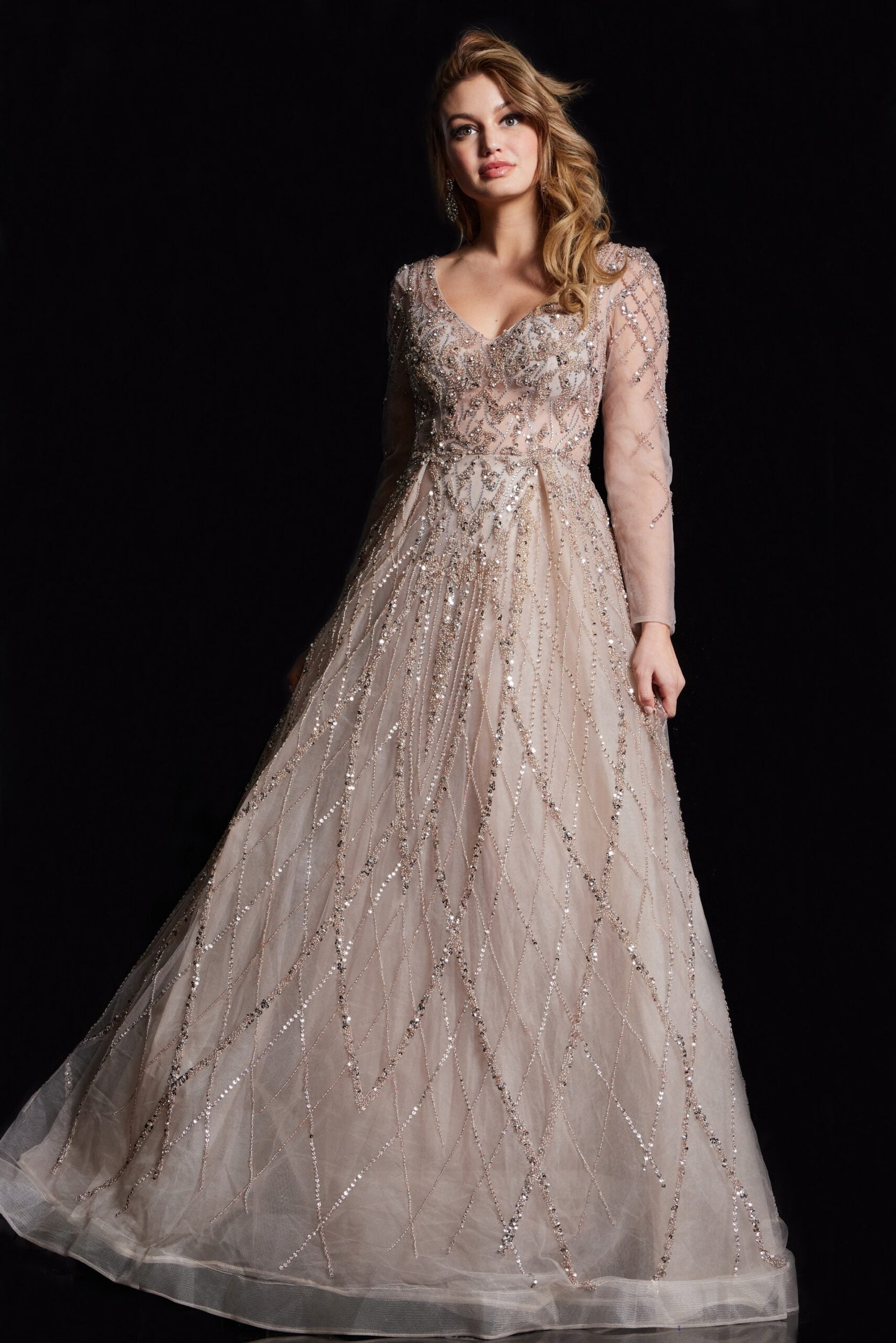 Formal Dresses Long Sleeve Beaded A Line Formal Dress Gold