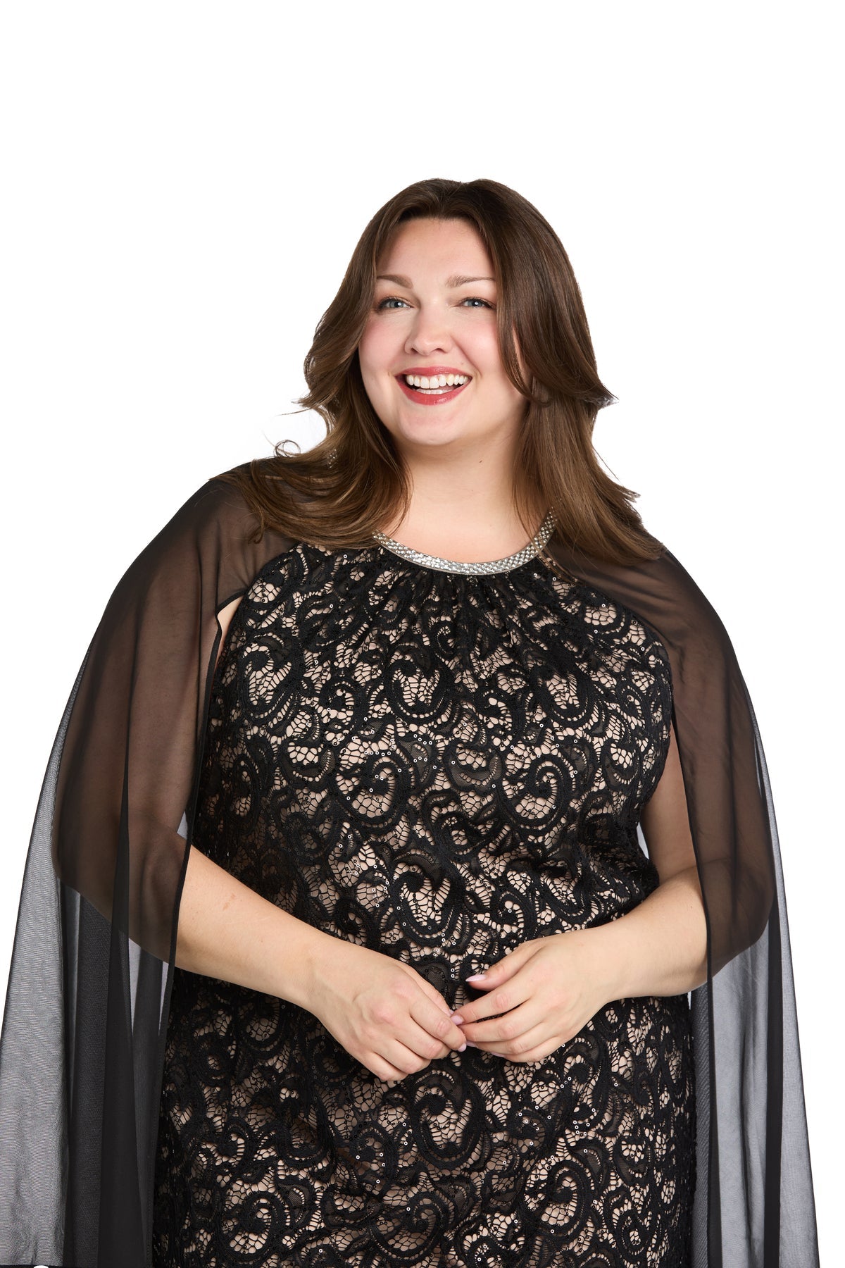 Plus Size Dresses Short Lace Cape Midi Cocktail Plus Size Dress R&M Richards 3864W Black/Nude