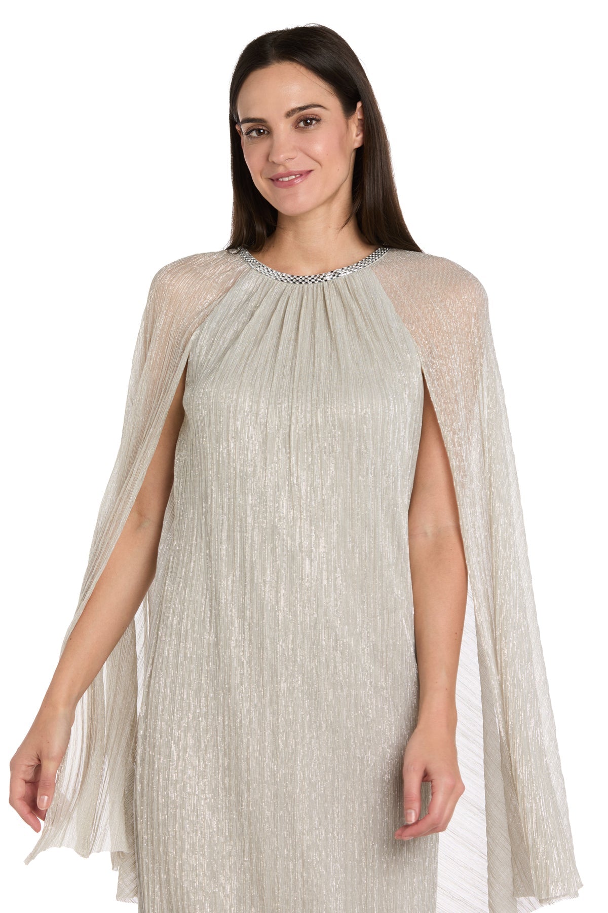 Jewel Neck Knee-Length Metallic Mesh Formal Sheath Dress with Cape - R&M Richards 3867P