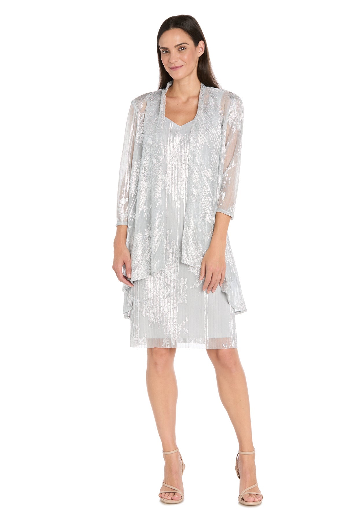 Scoop Neck Knee-Length Metallic Cocktail Dress by R&M Richards 3880R in Silver