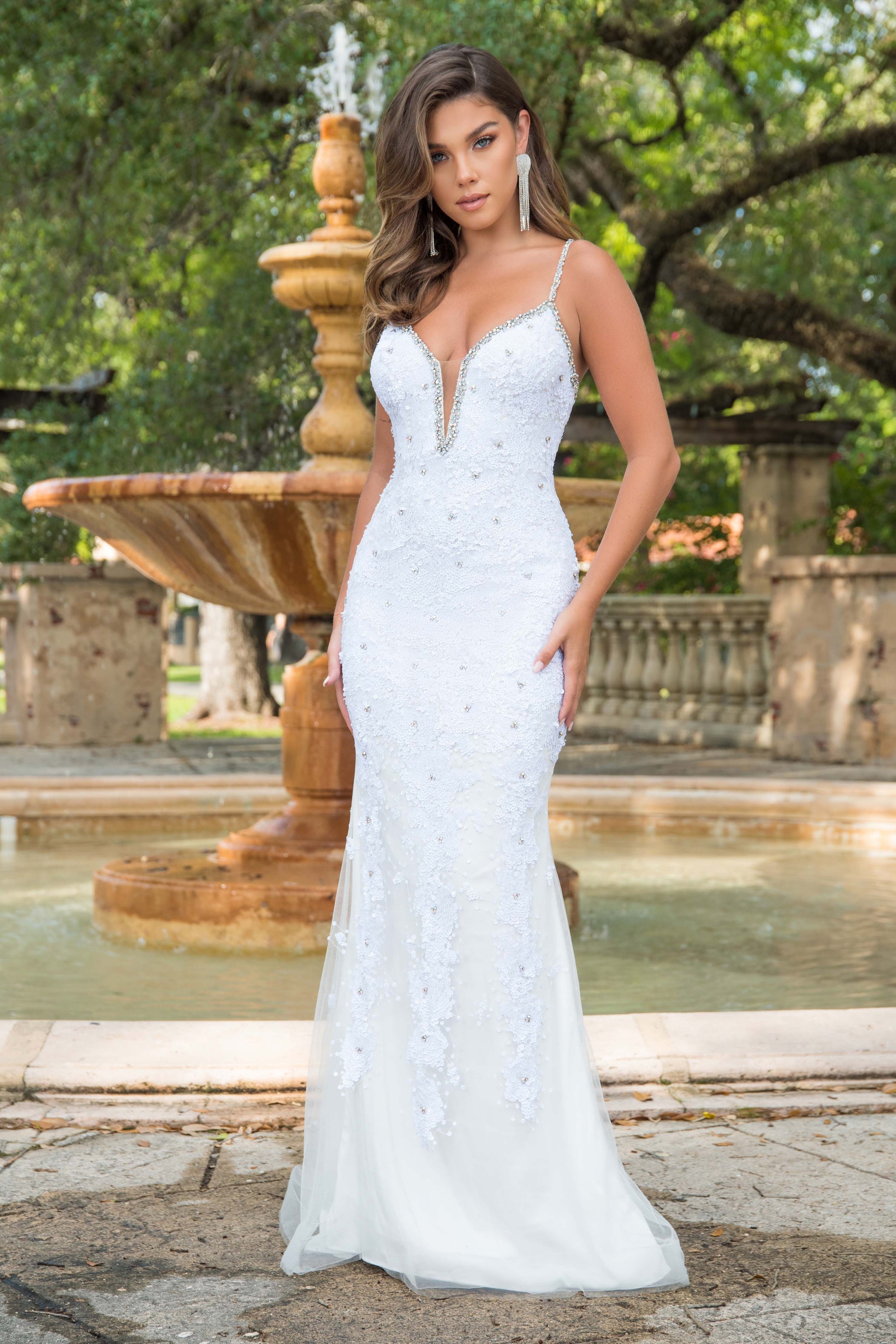 Prom Dresses Formal Sequin Prom Long Tiered Back Panel Dress White