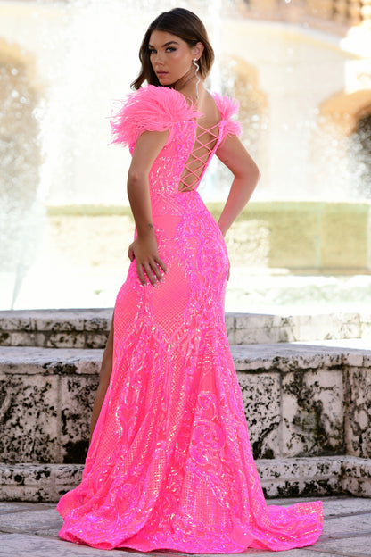 Prom Dresses Formal Sequin Feather Prom Long Trumpet Dress Neon Pink