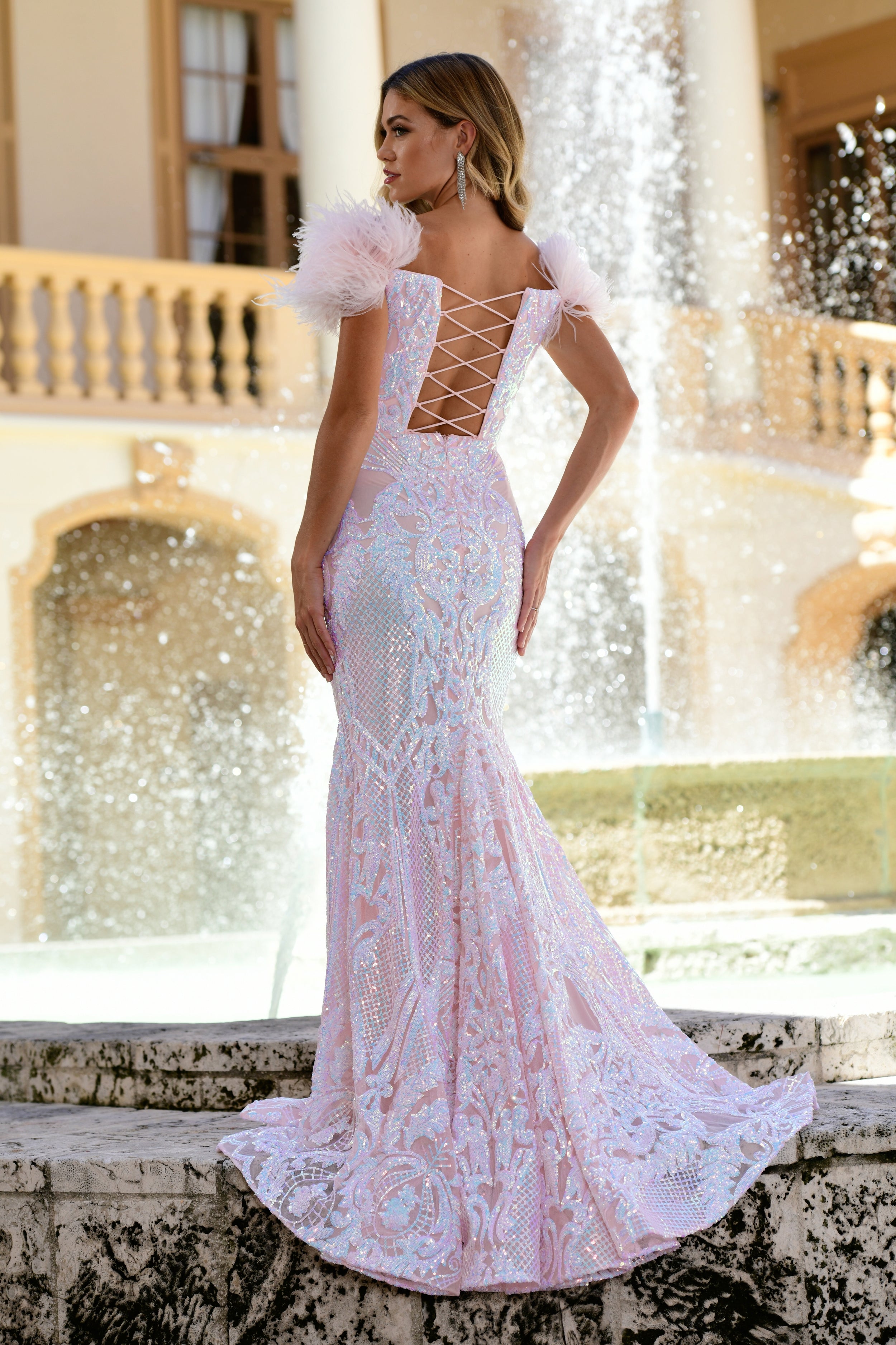 Prom Dresses Formal Sequin Feather Prom Long Trumpet Dress Iridescent Blush
