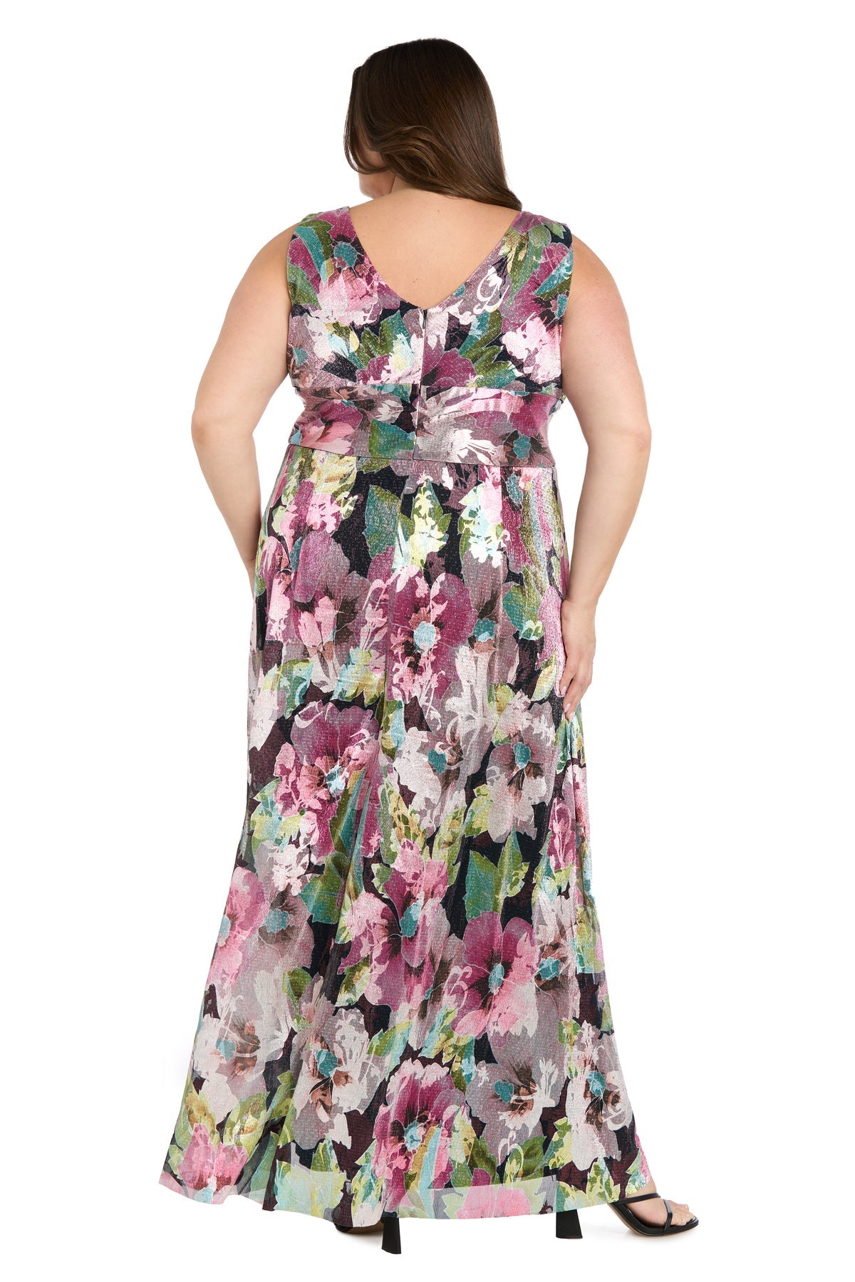 V-Neck Maxi Metallic Floral Dress by R&M Richards 3897W in Pink/Multi