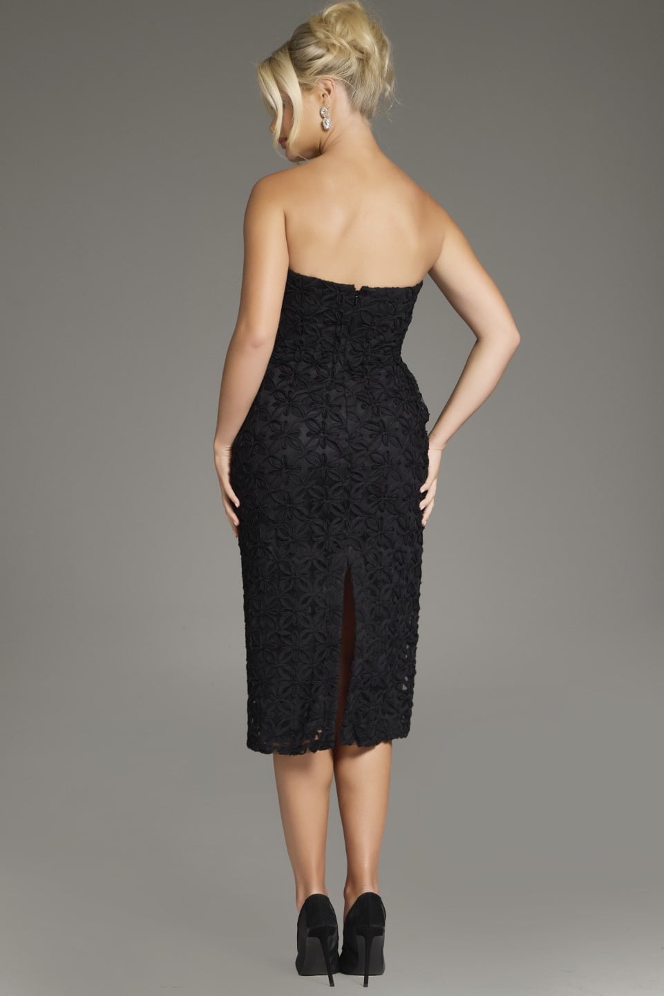 Black Strapless Midi Lace Cocktail Dress Side Bow Jovani 39076