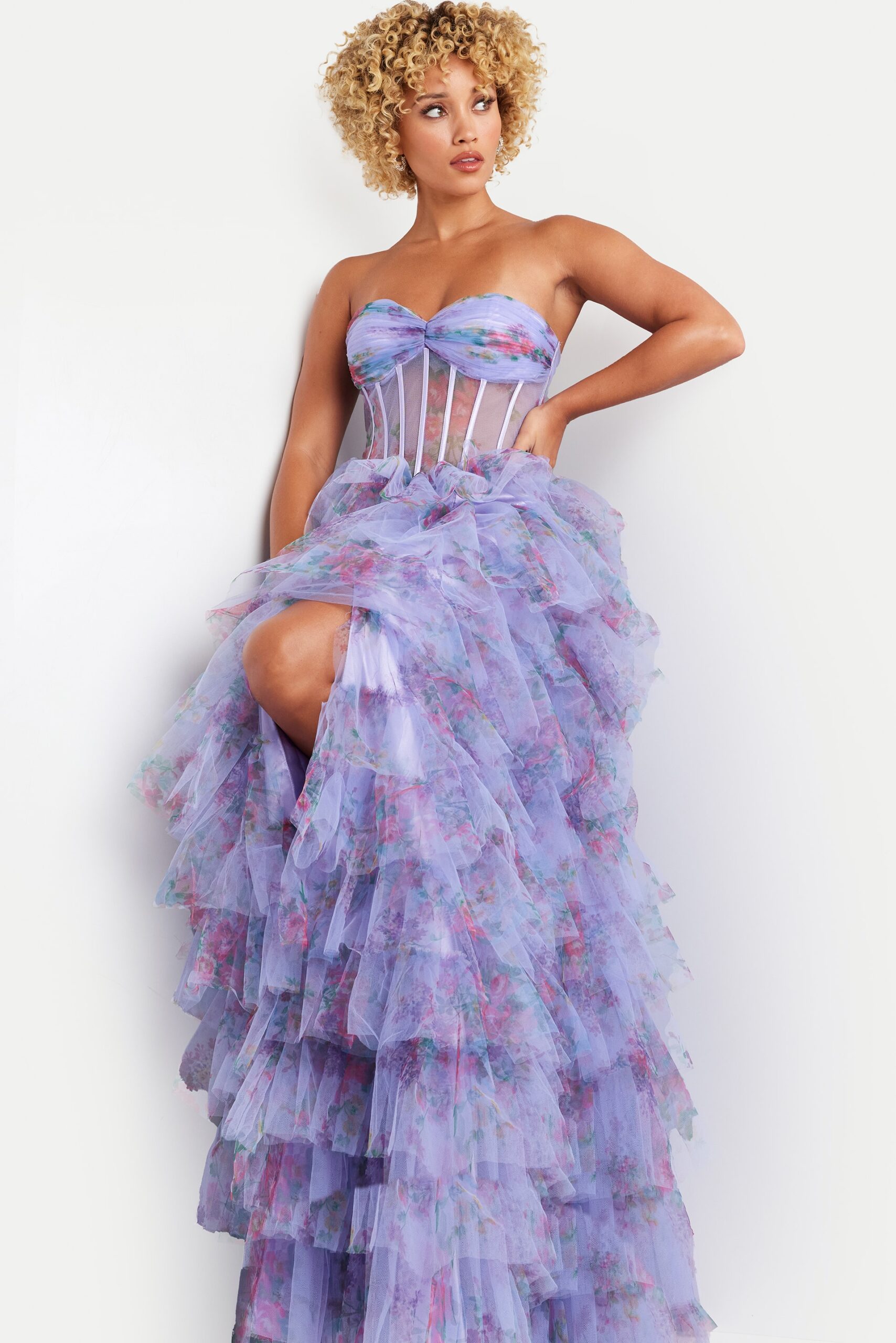 Prom Dresses Formal Long Ball Gown Printed Layered Prom Dress Lilac