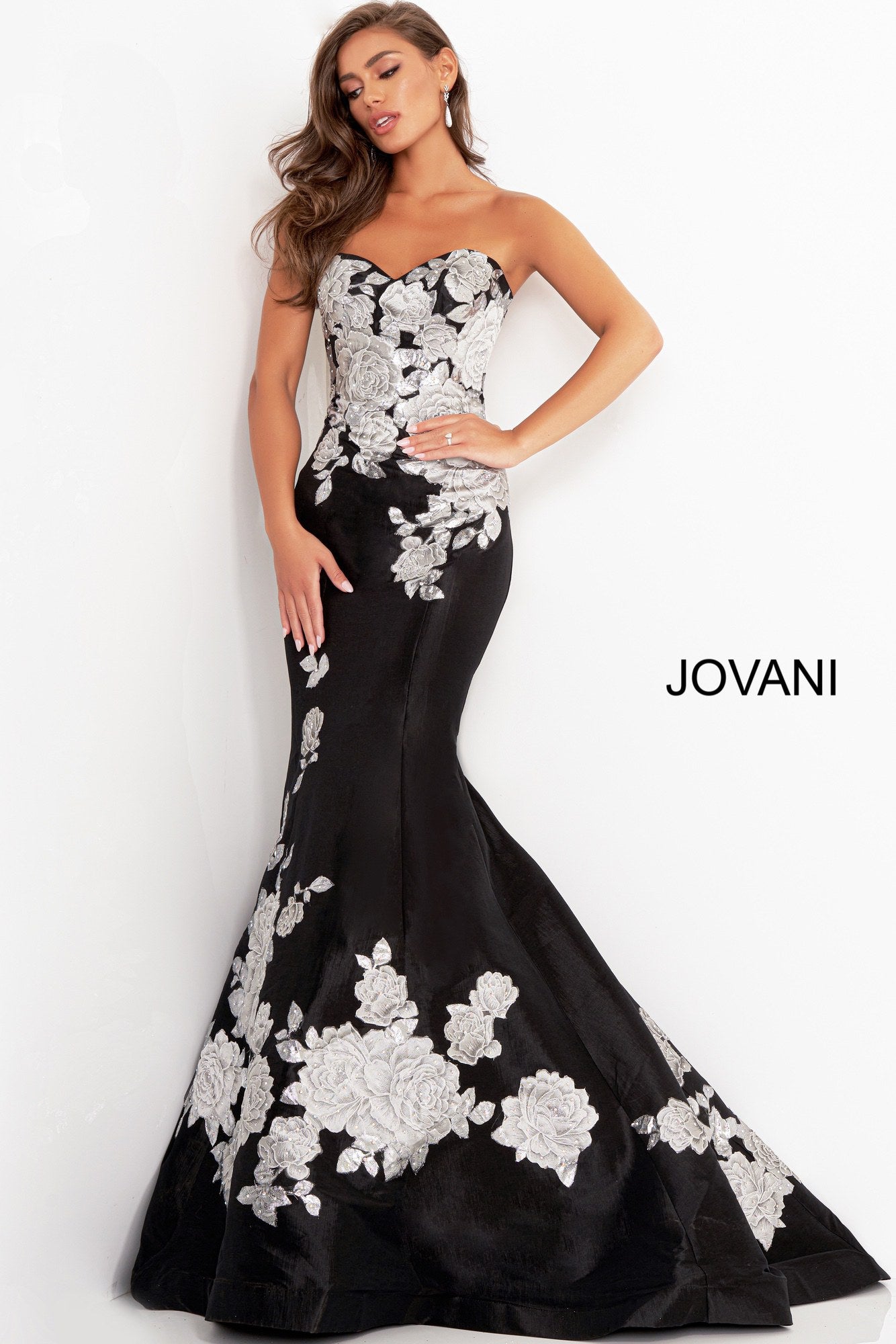 Formal Dresses Long Formal Floral Mermaid Evening Prom Dress Black/Silver