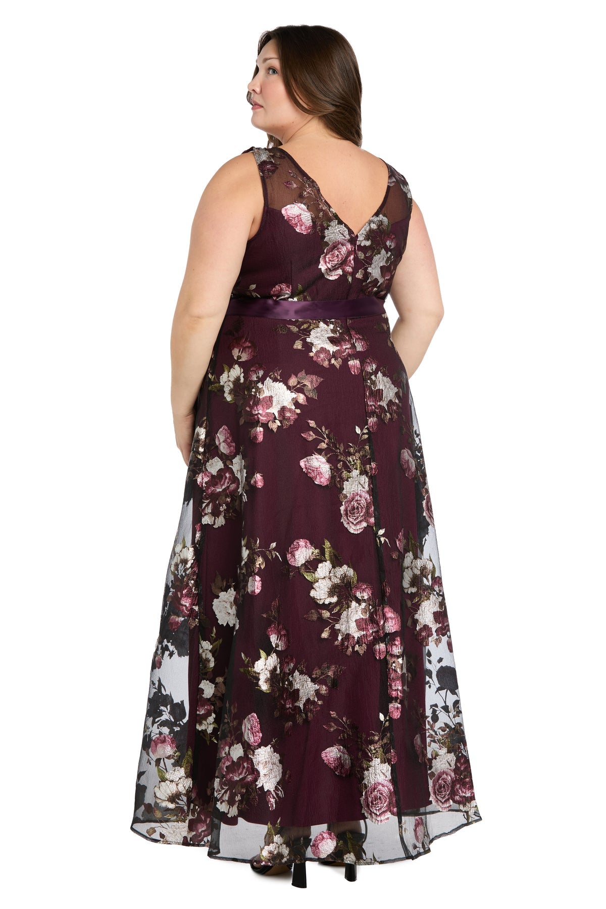Illusion Neckline Long Floral Evening Gown by R&M Richards 3925W in Plum