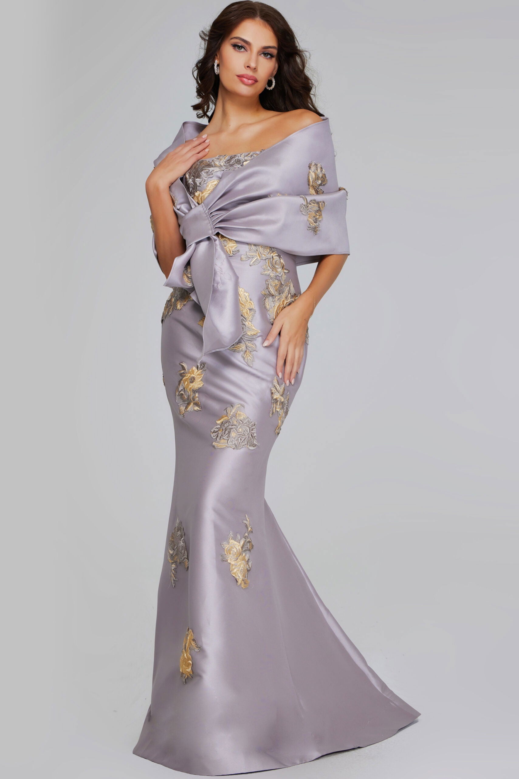 Prom Dresses Mermaid Metallic Long Formal Floral Applique Prom Dress Jovani 39261 Taupe