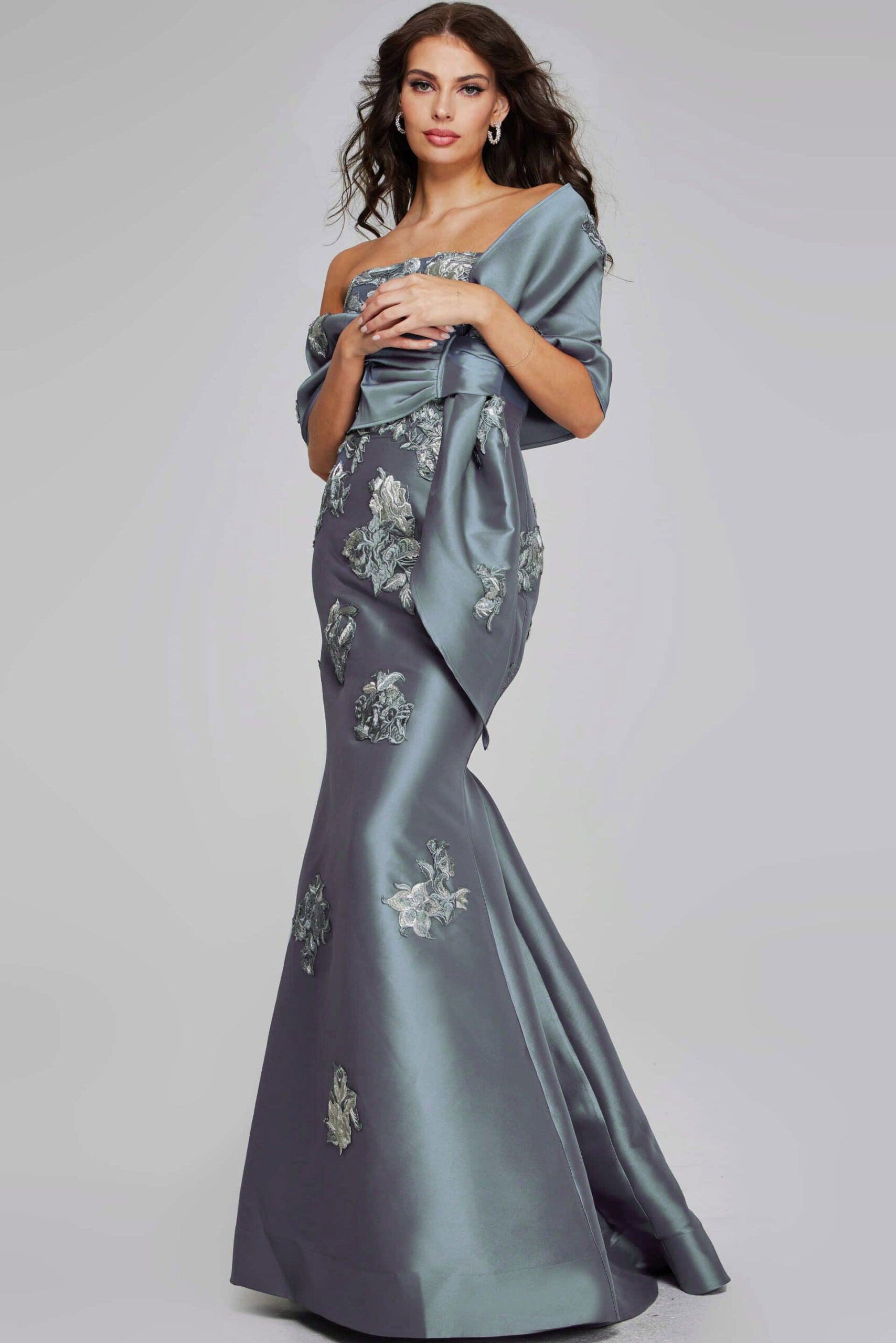 Prom Dresses Mermaid Metallic Long Formal Floral Applique Prom Dress Jovani 39261 Dark Grey
