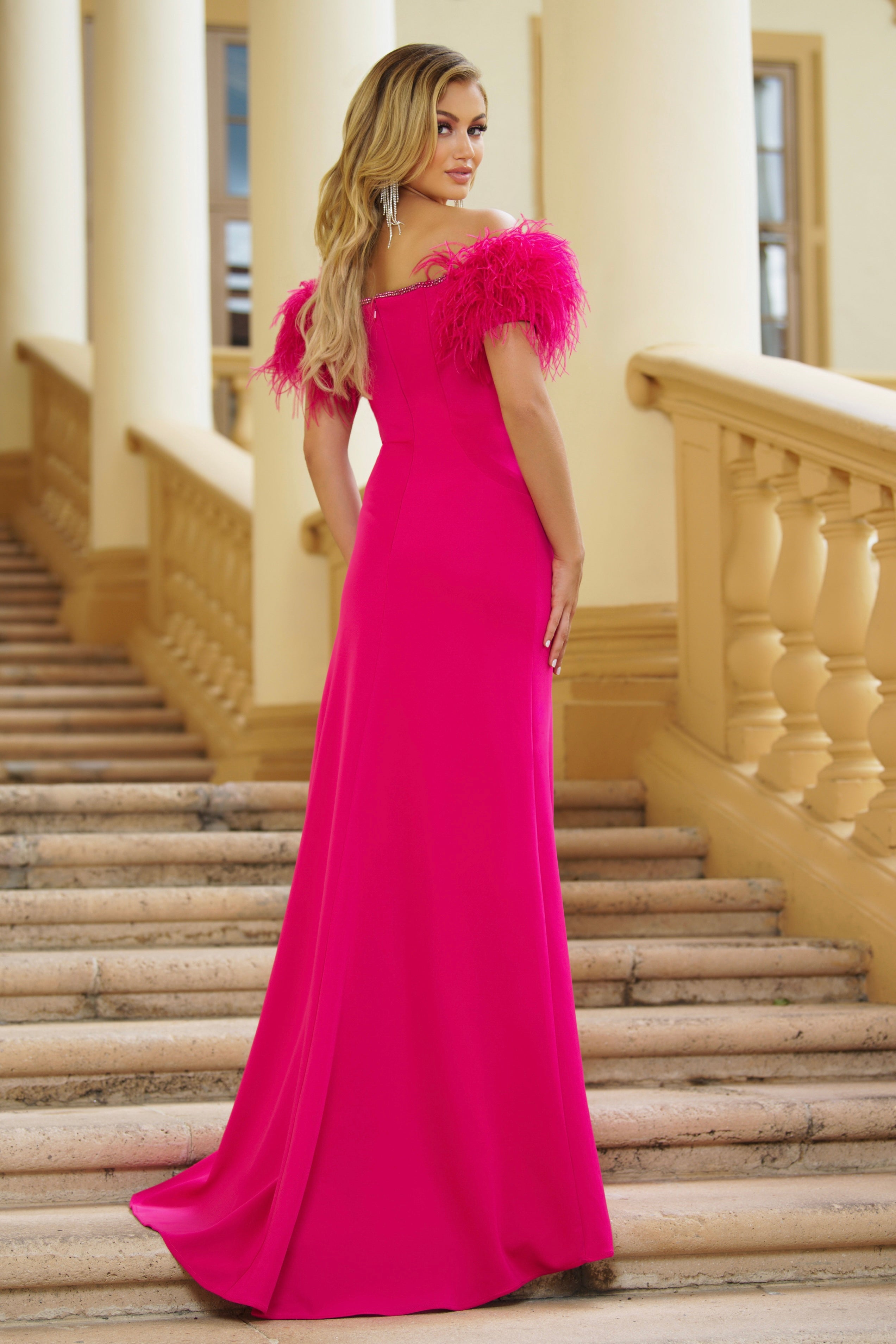 Prom Dresses Feather Long Formal Slit Prom Dress Hot Pink