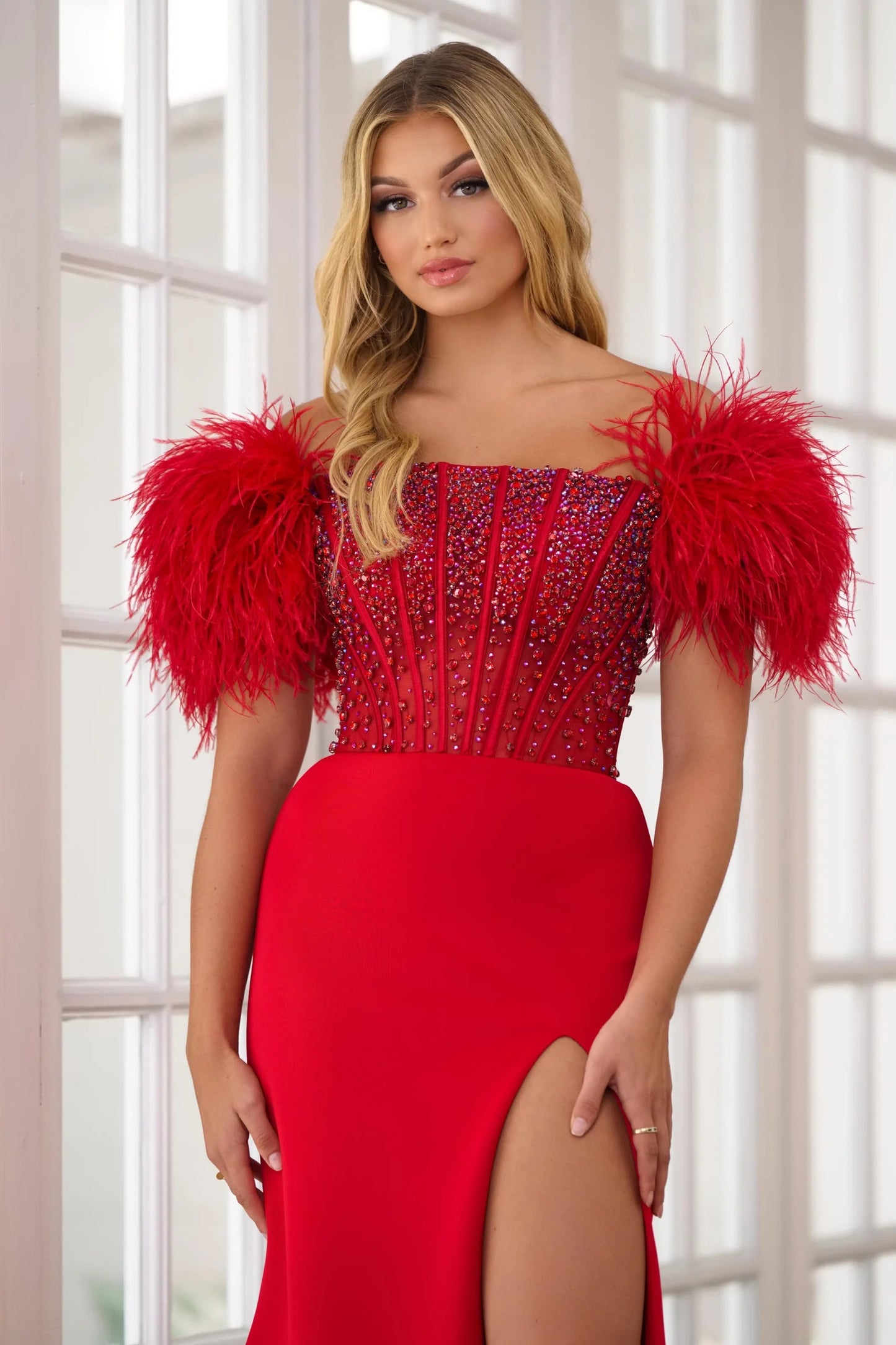 Prom Dresses Prom Feather Long Fitted Slit Dress Red