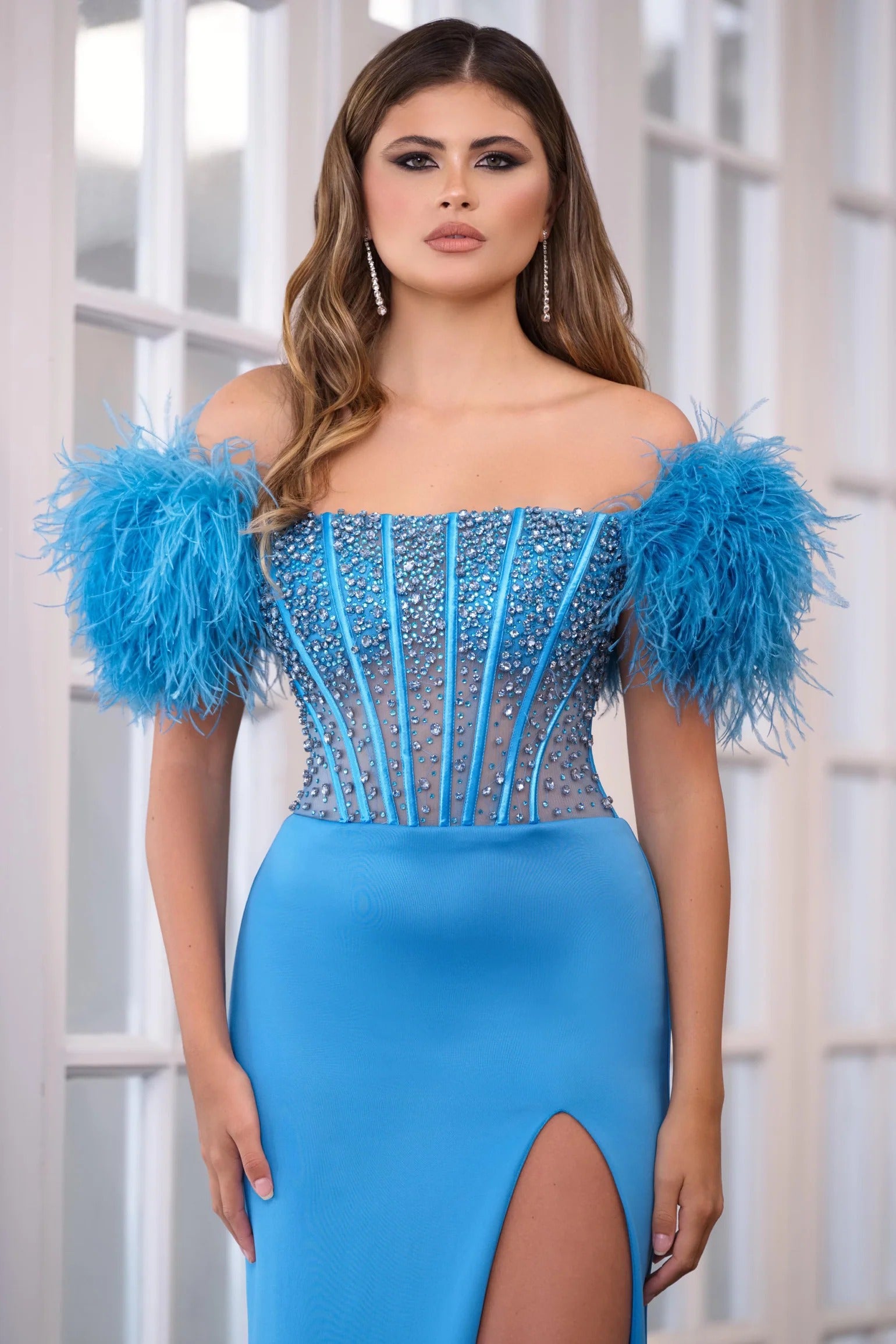Prom Dresses Prom Feather Long Fitted Slit Dress Sky