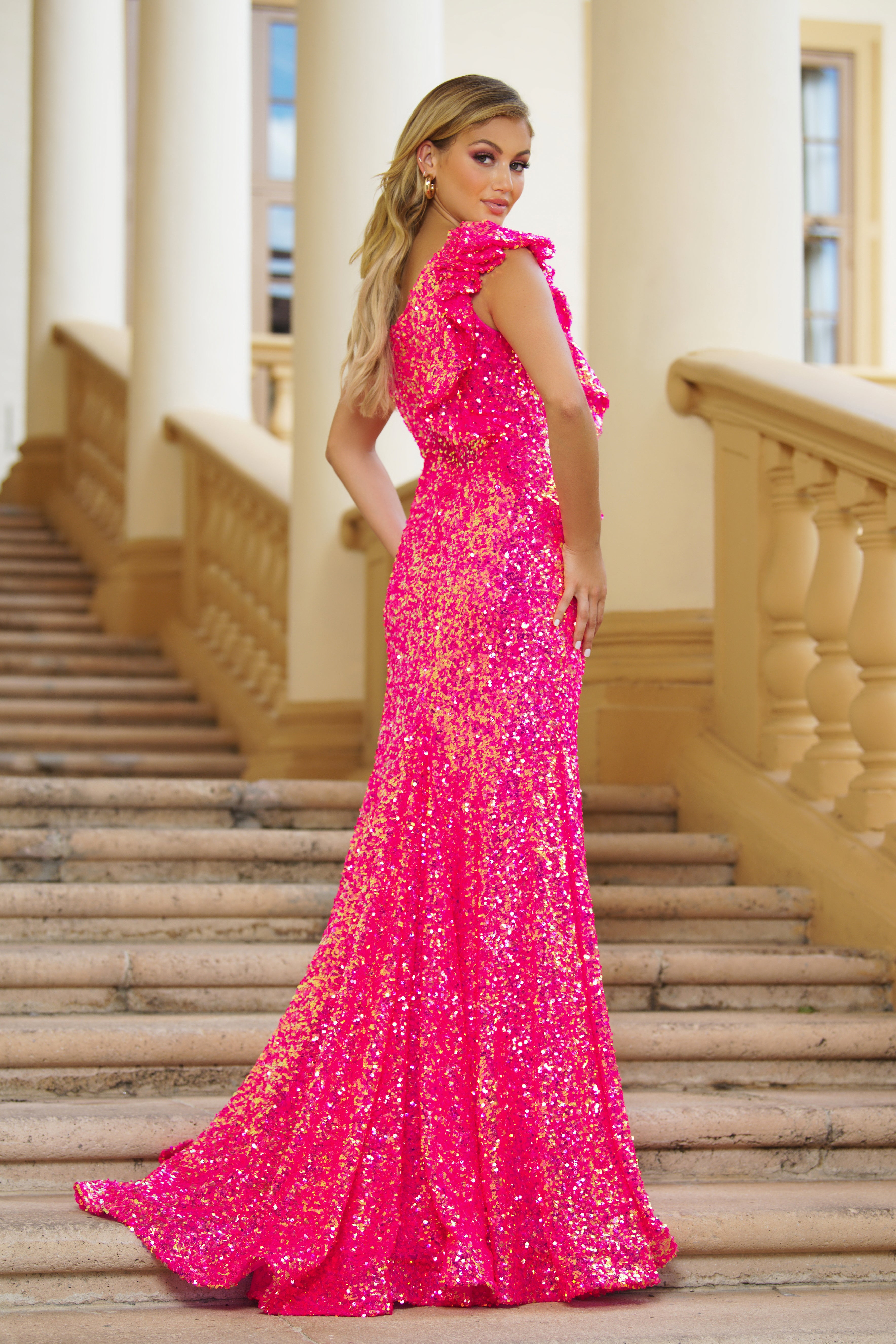 Prom Dresses Glitter Long Prom Slit Gown Iridescent Hot Pink