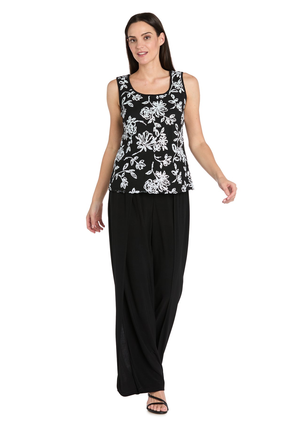 Scoop Neck Full Length Jersey Pant Suit by R&M Richards 3930 in Black/White