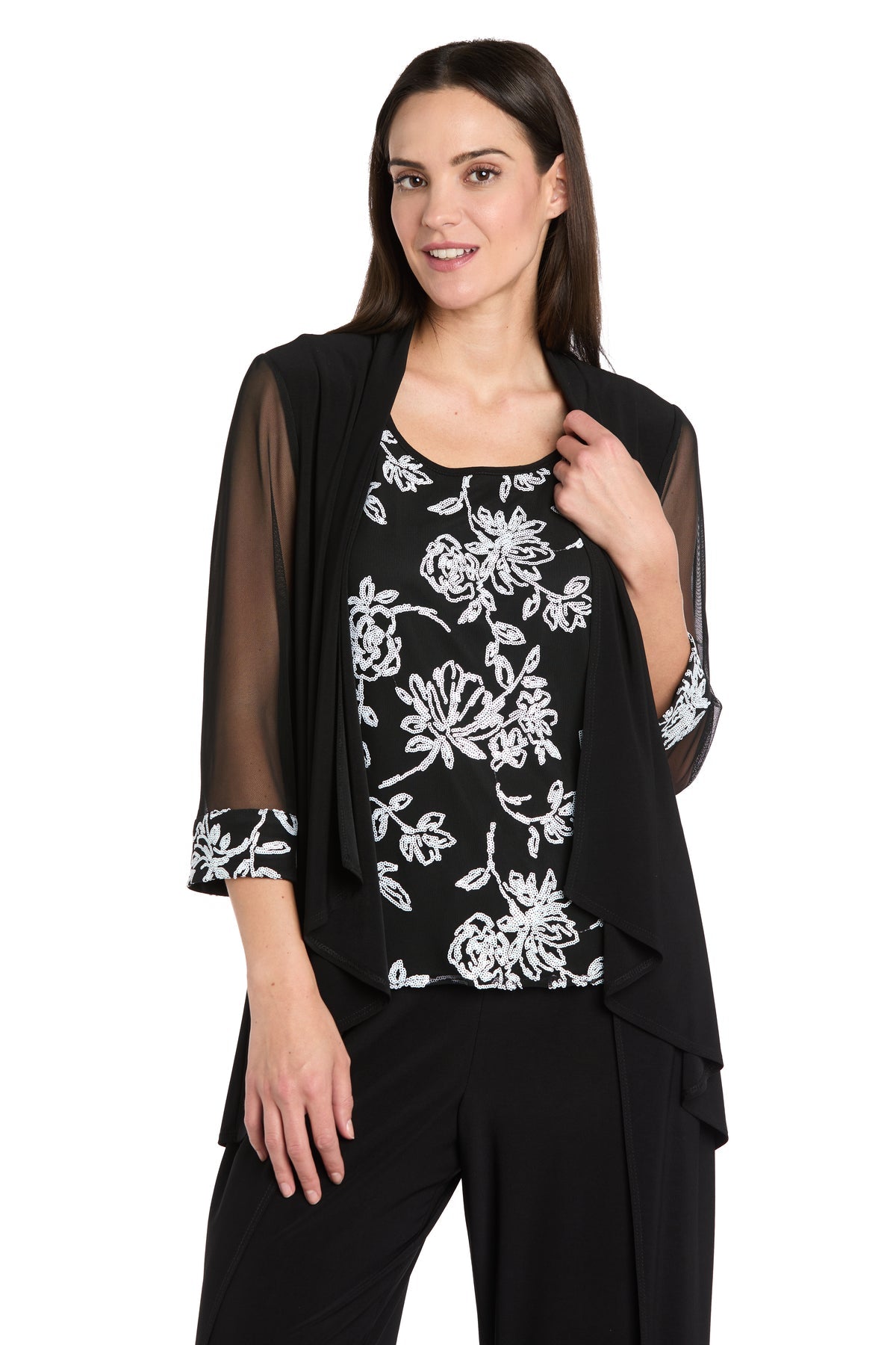 Scoop Neck Full Length Jersey Pant Suit by R&M Richards 3930 in Black/White