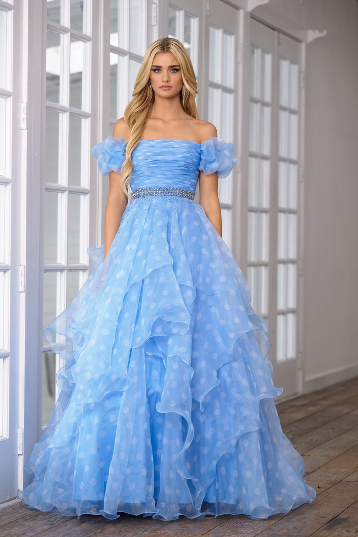 Prom Dresses Long A Line Polka Prom Dress Light Blue/White