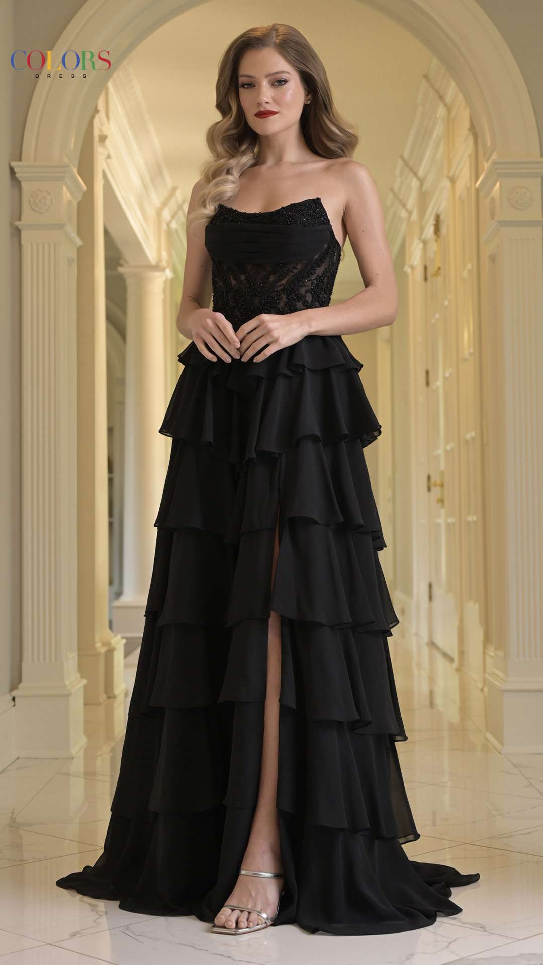 Prom Dresses Long Formal Beaded A Line Ruffle Prom Dress Black