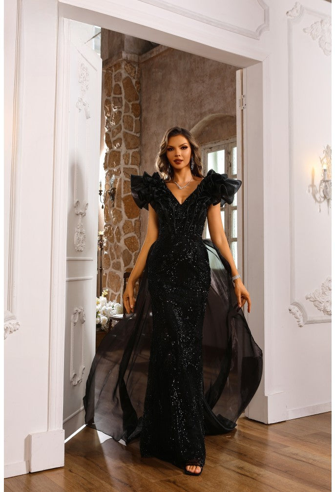 Black Terani Couture 251GL4357 Fitted Long Formal Overskirt