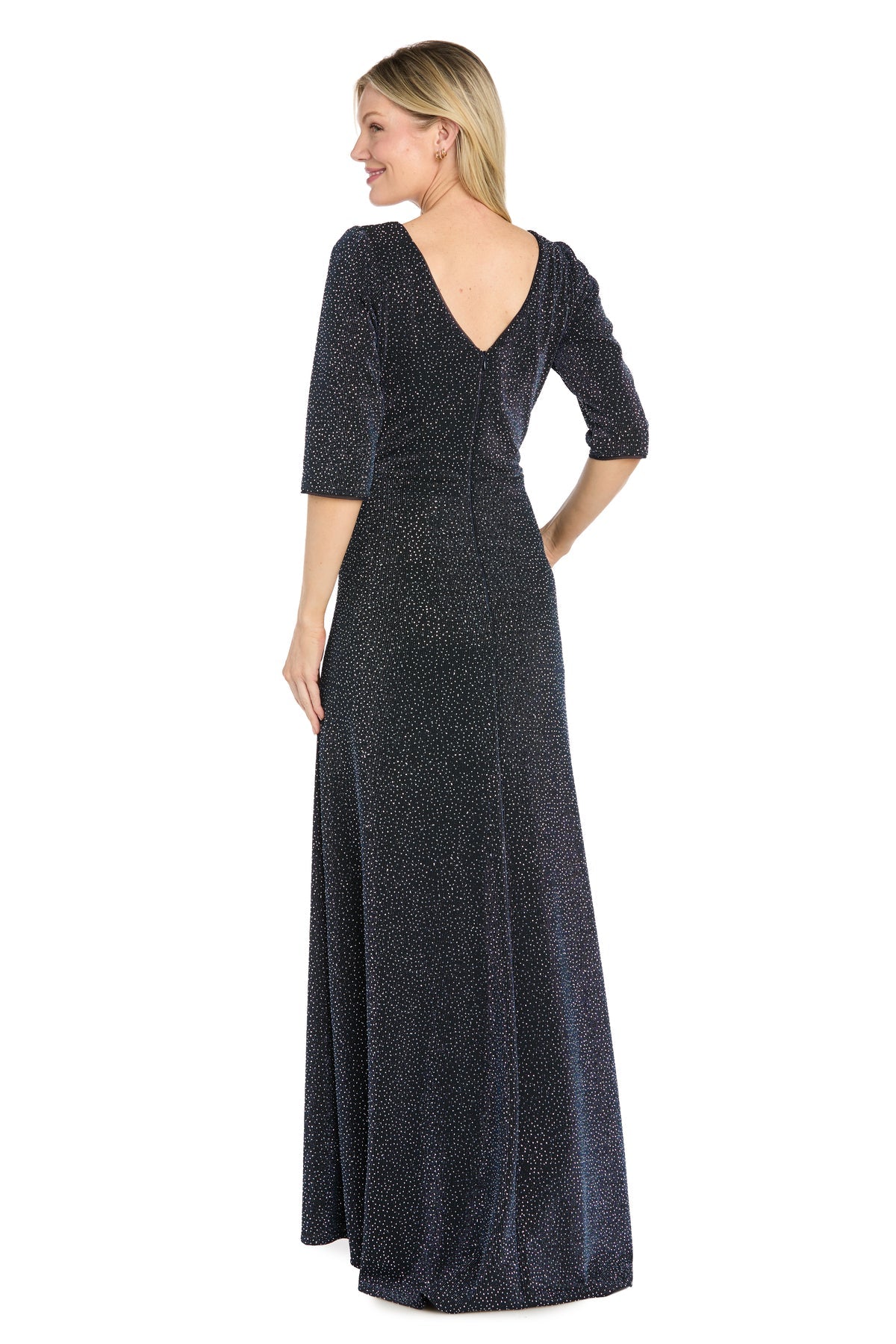 Navy/Black R&M Richards 3956 V-Neck Floor-Length Knit Formal Metallic Gown