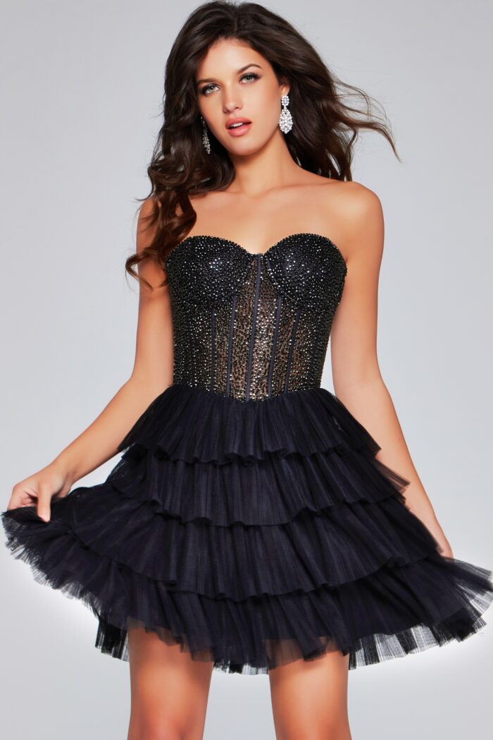 Cocktail Dresses Short Tiered Beaded Cocktail Dress Black